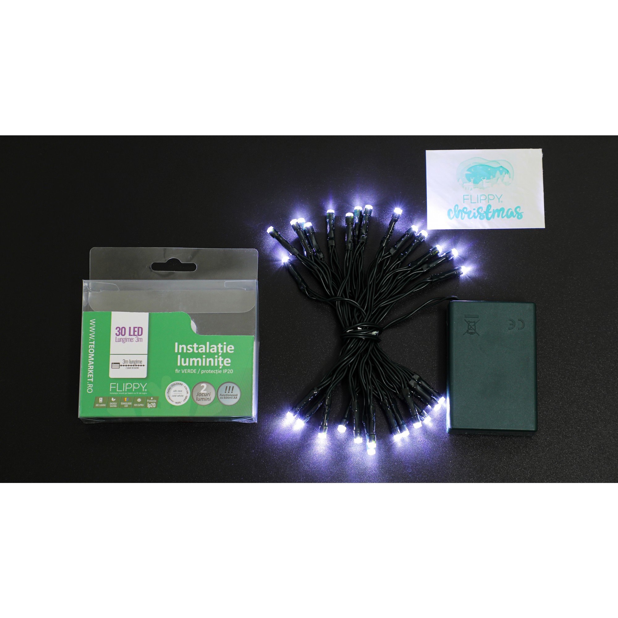 Instalatie de Craciun cu Baterii Tip Liniar, 2 jocuri de lumini, Fir Verde 3 m 30 LED -uri, Alb Rece - Image 7