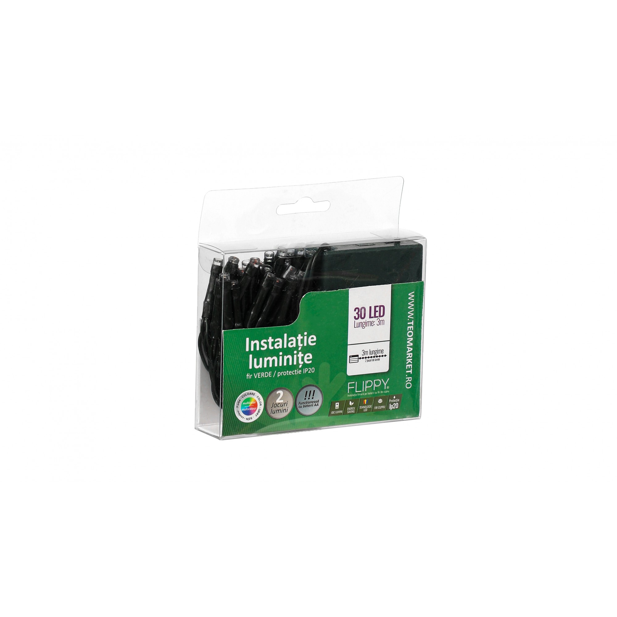 Instalatie de Craciun cu Baterii Tip Liniar, 2 jocuri de lumini, Fir Verde 3 m 30 LED -uri, Multicolor - Image 3