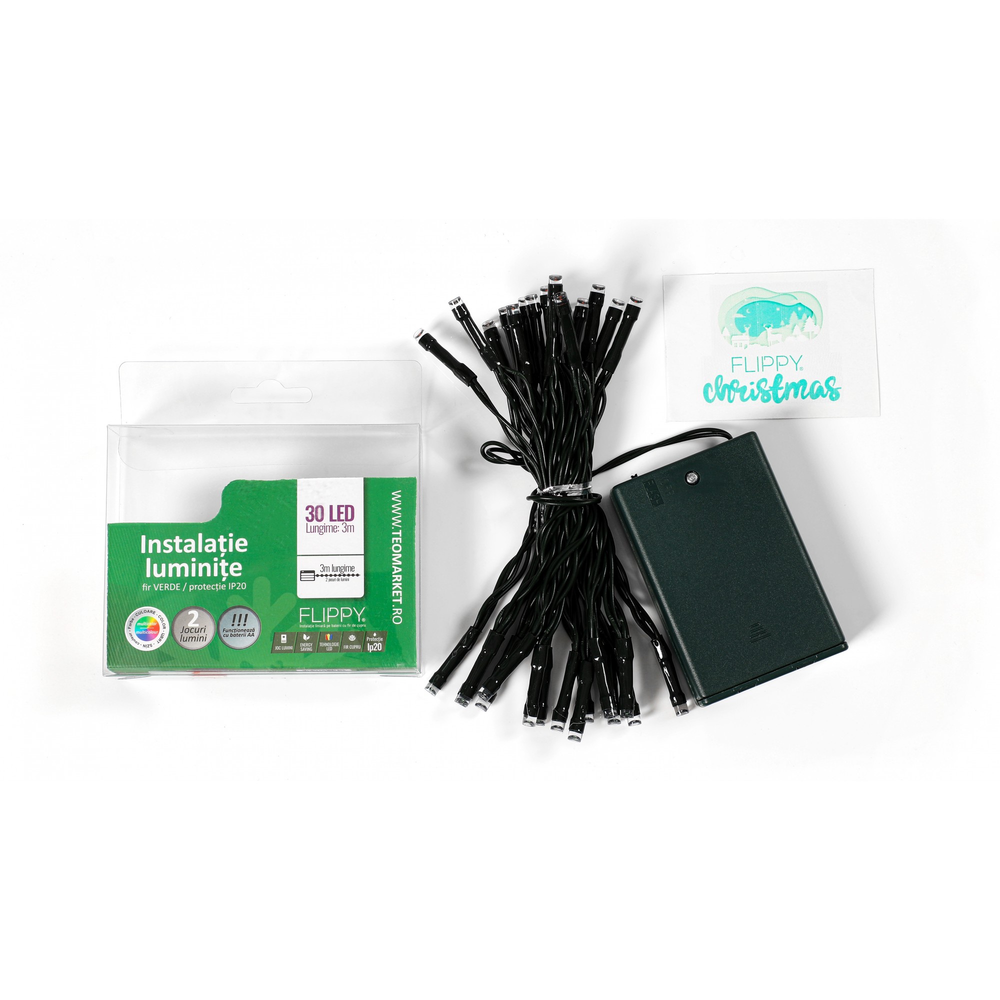 Instalatie de Craciun cu Baterii Tip Liniar, 2 jocuri de lumini, Fir Verde 3 m 30 LED -uri, Multicolor - Image 4