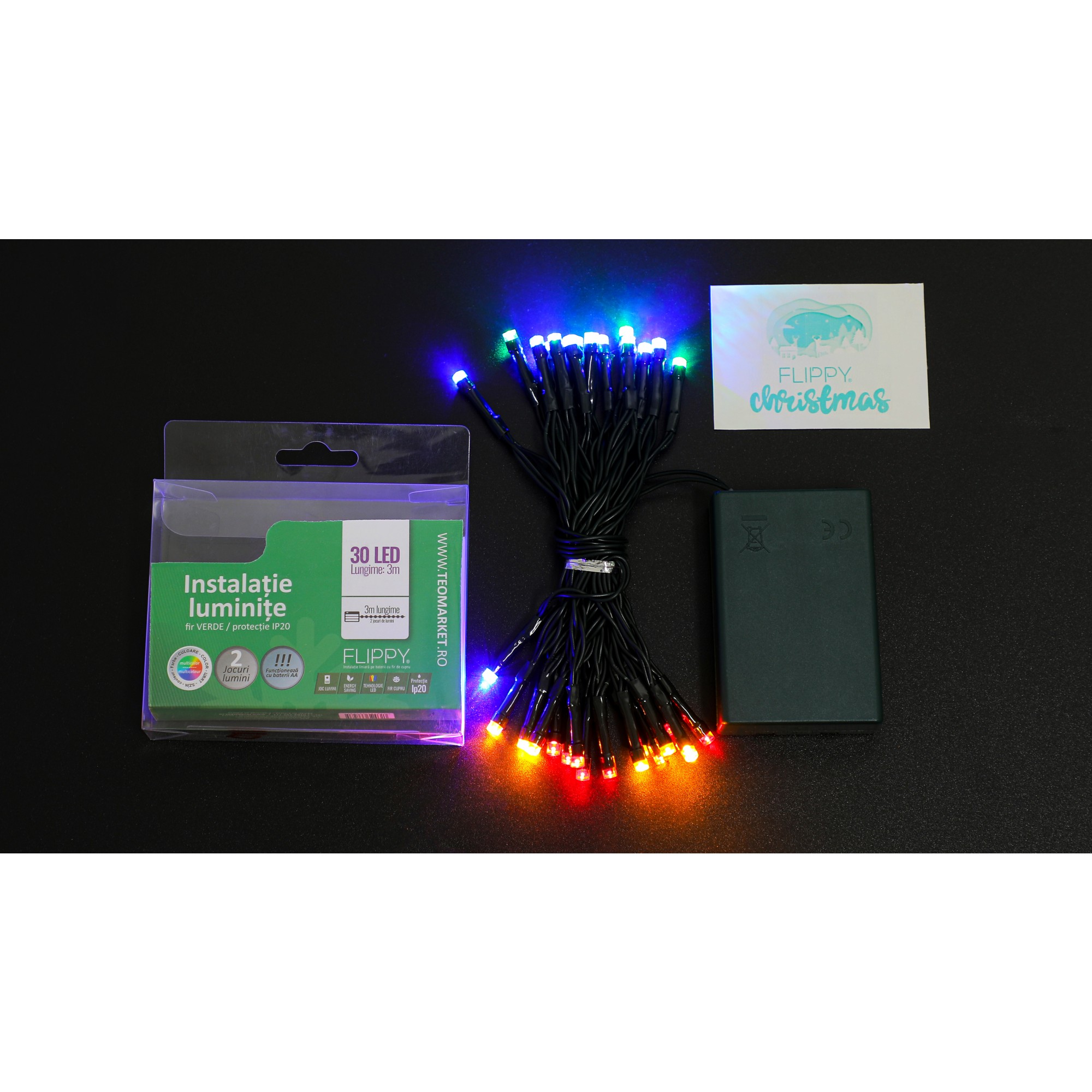 Instalatie de Craciun cu Baterii Tip Liniar, 2 jocuri de lumini, Fir Verde 3 m 30 LED -uri, Multicolor - Image 6