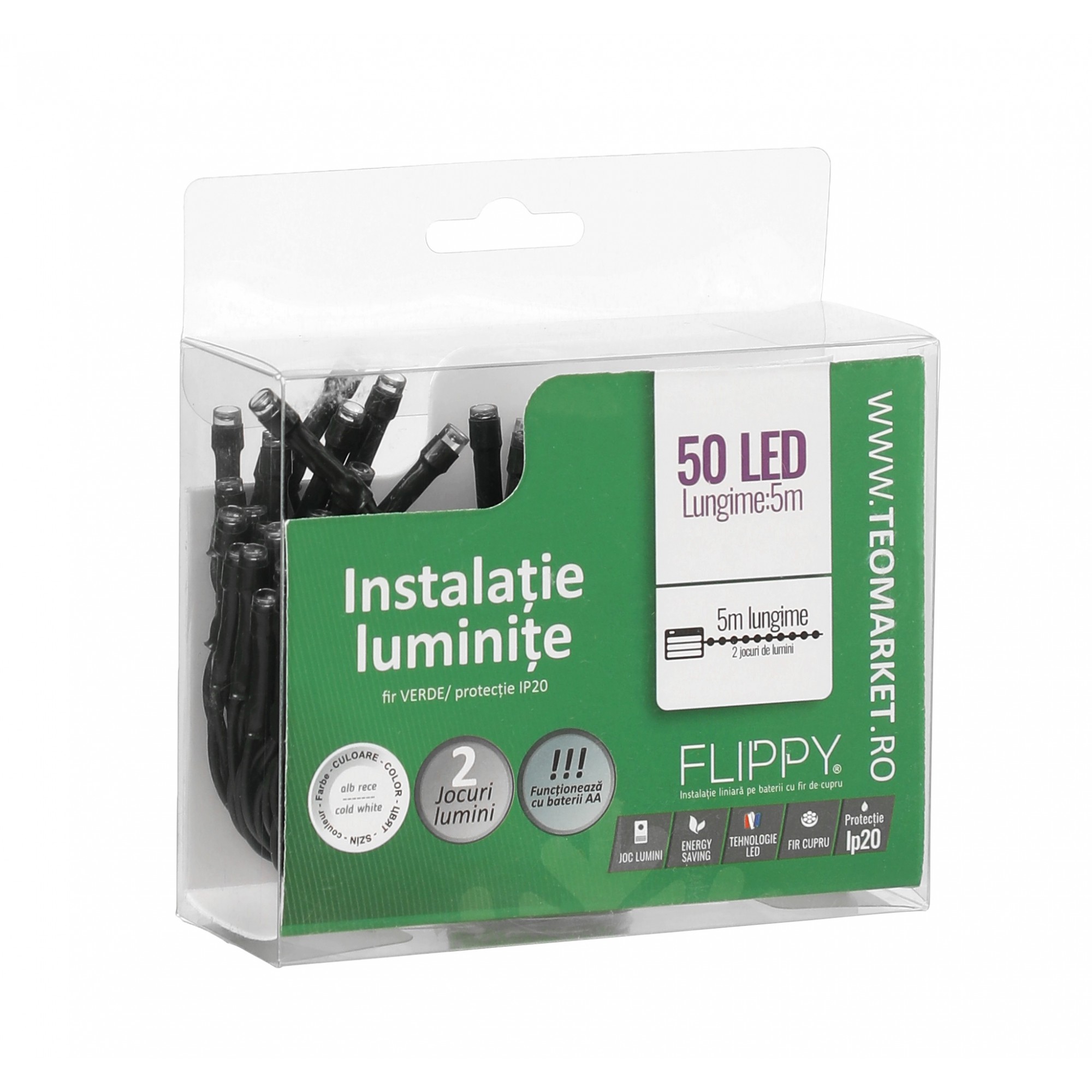 Instalatie de Craciun cu Baterii Tip Liniar, 2 jocuri de lumini, Fir Verde 5 m 50 LED -uri, Alb Rece - Image 4
