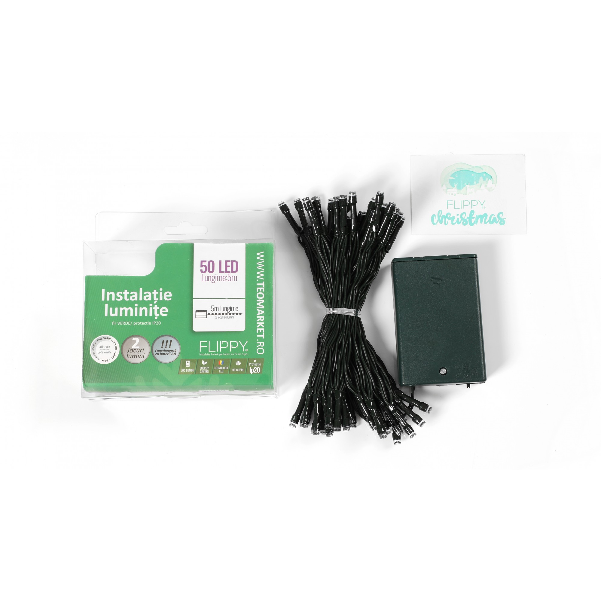 Instalatie de Craciun cu Baterii Tip Liniar, 2 jocuri de lumini, Fir Verde 5 m 50 LED -uri, Alb Rece - Image 5