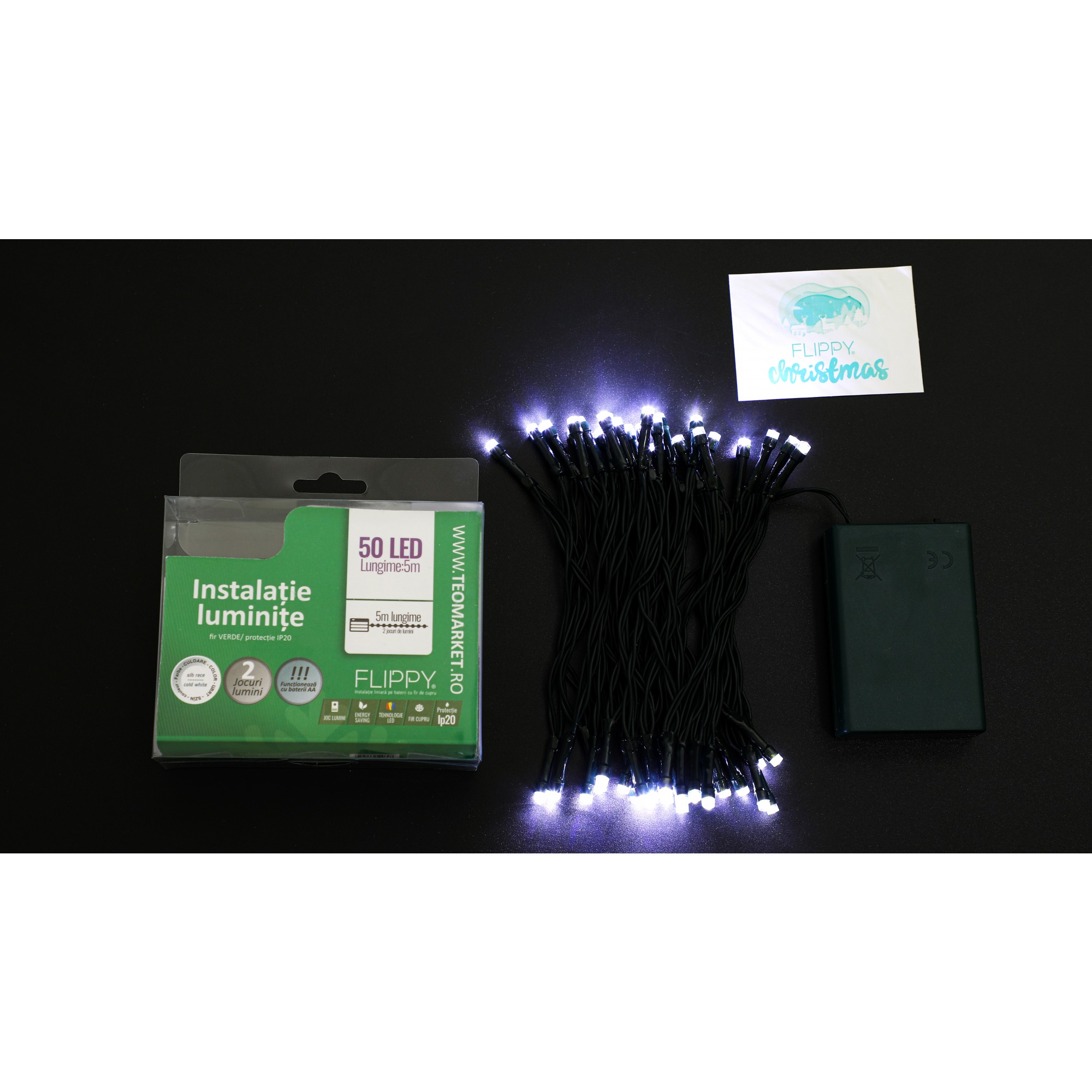 Instalatie de Craciun cu Baterii Tip Liniar, 2 jocuri de lumini, Fir Verde 5 m 50 LED -uri, Alb Rece - Image 7
