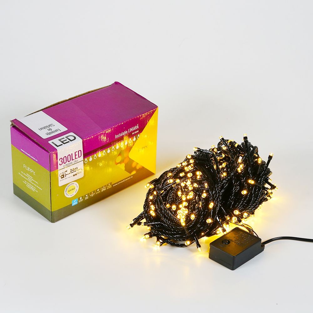 Instalatie de Craciun Flippy® Tip Liniara, Fir Negru, 24 m, 300 LED-uri, Interconectabila, Alb Cald - Image 4