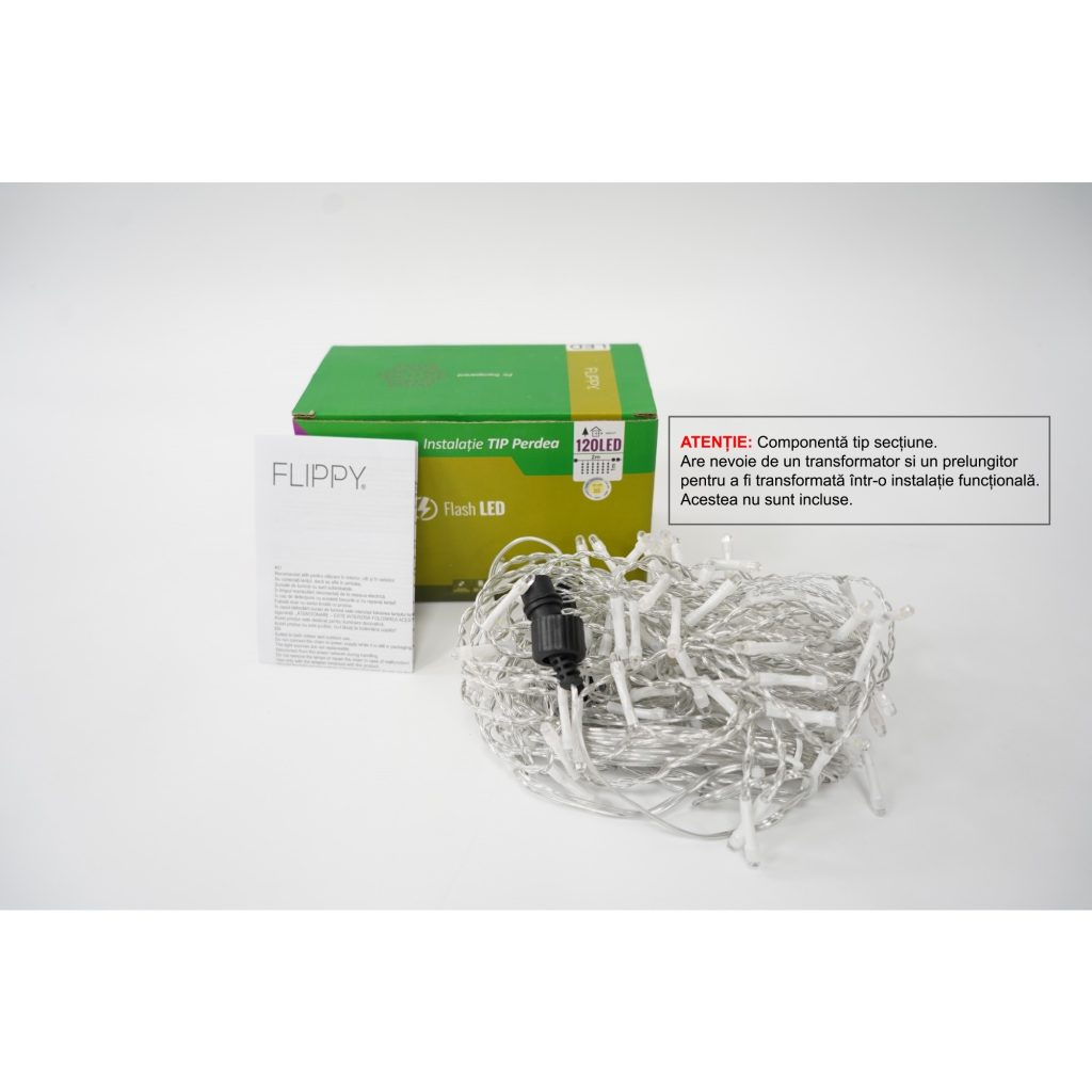 Instalatie de Craciun Flippy® Tip Perdea cu Flash, Sectiune 2 X 1 m, 120 LED-uri, Interconectabila, Fir Transparent, Alb Rece