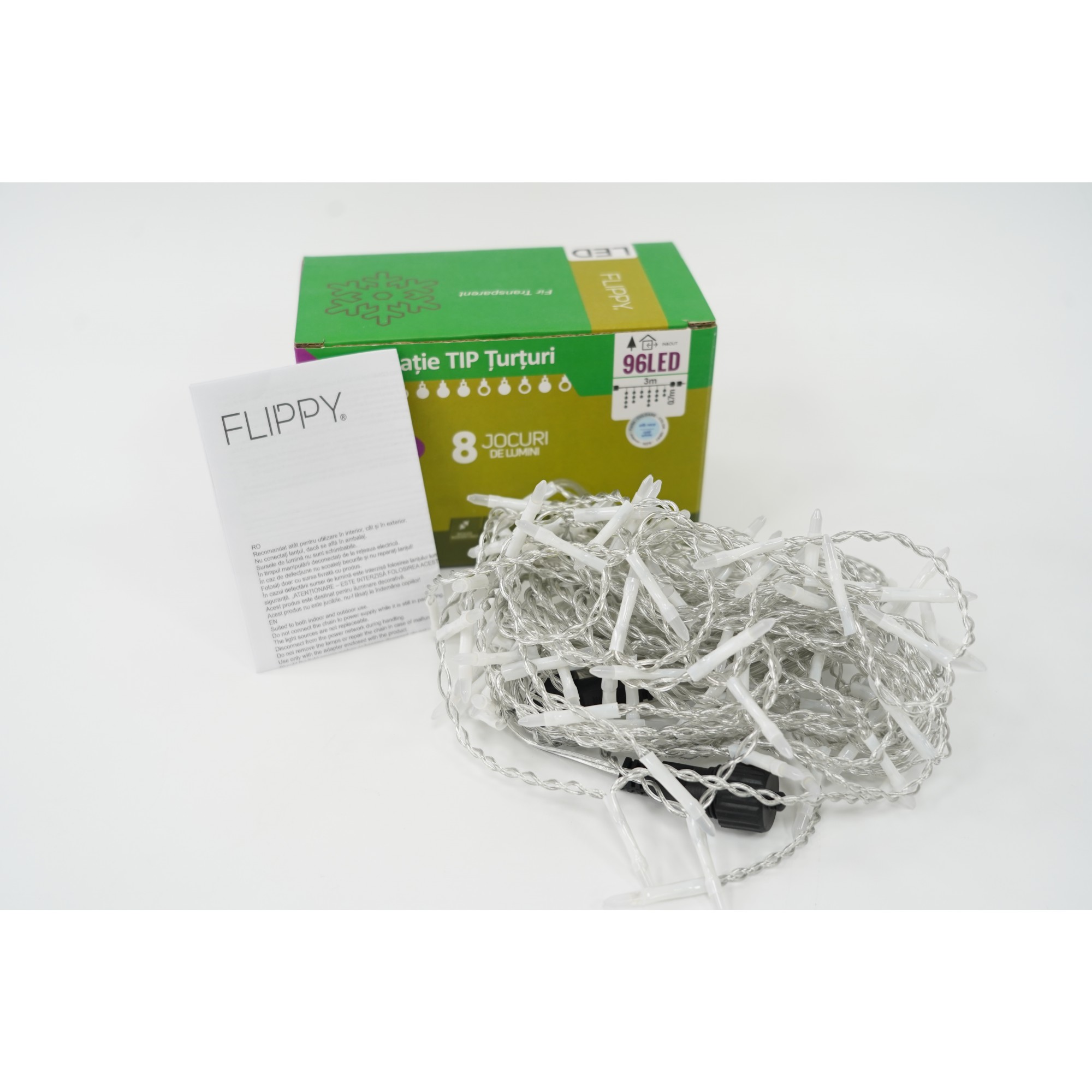 Instalatie de Craciun Flippy® Tip Turturi, 8 jocuri de lumini Sectiune 3 m, 96 LED-uri, Interconectabila, Fir Transparent, Alb Rece - Image 4