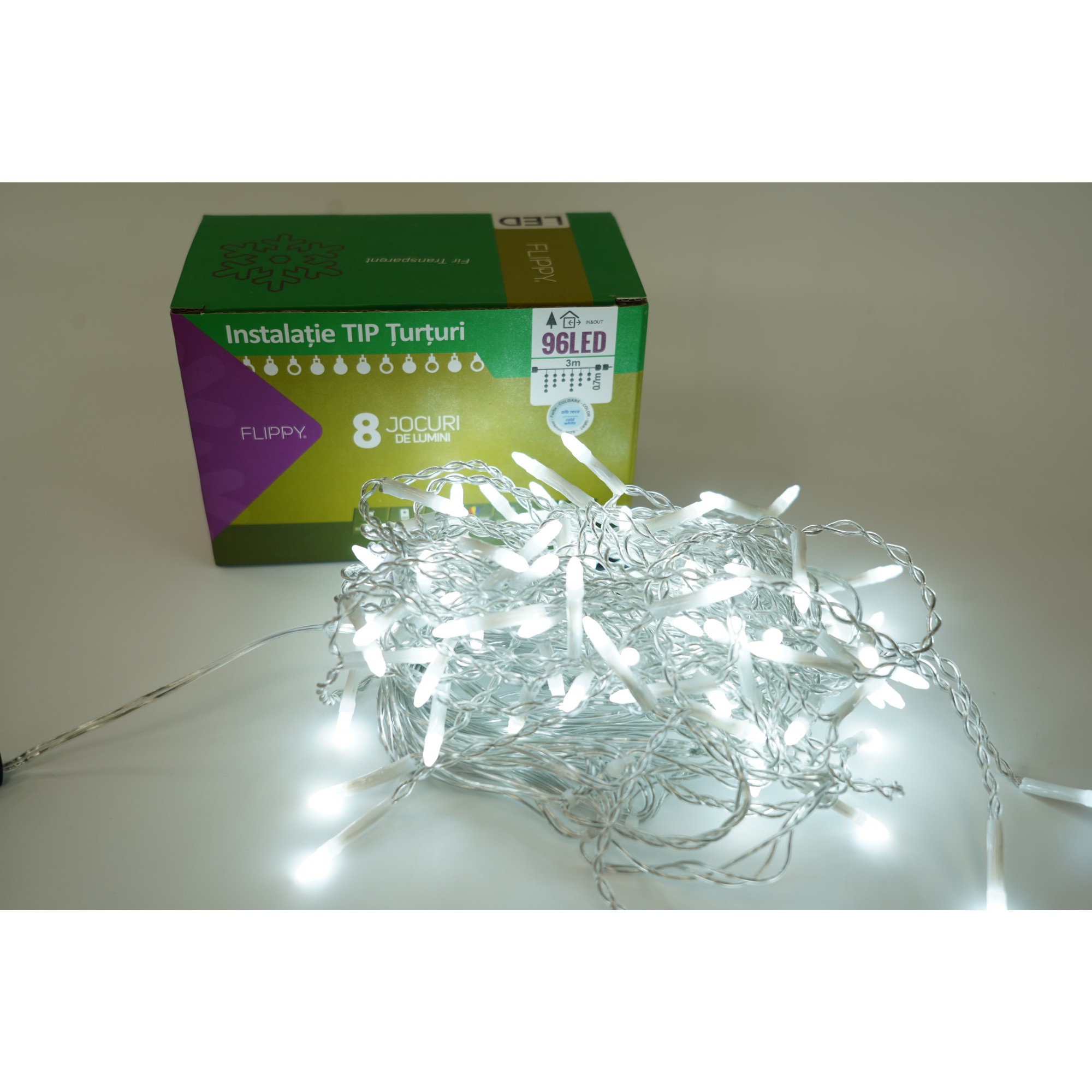 Instalatie de Craciun Flippy® Tip Turturi, 8 jocuri de lumini Sectiune 3 m, 96 LED-uri, Interconectabila, Fir Transparent, Alb Rece - Image 6