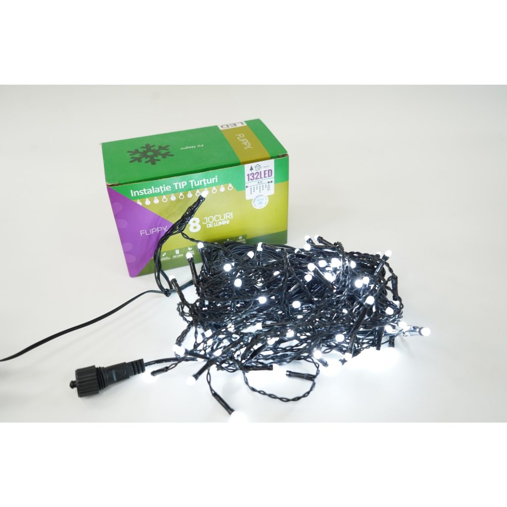 Instalatie de Craciun Flippy® Tip Turturi, 8 jocuri de lumini Sectiune 4 m, 132 LED-uri, Interconectabila, Fir Negru, Alb Rece