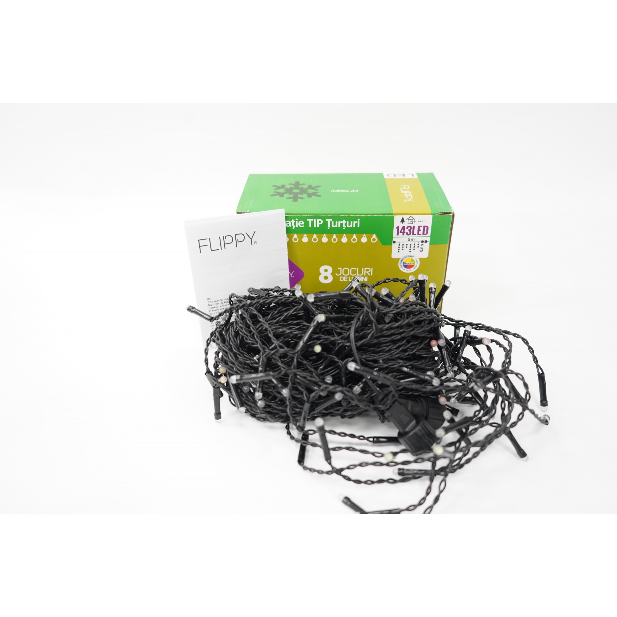Instalatie de Craciun, Flippy®, Tip Turturi, Sectiune 5 m, 143 LED-uri, 8 Jocuri de Lumini, Fir Negru, Lumina Multicolora, IP44, Interconectabila - Image 4