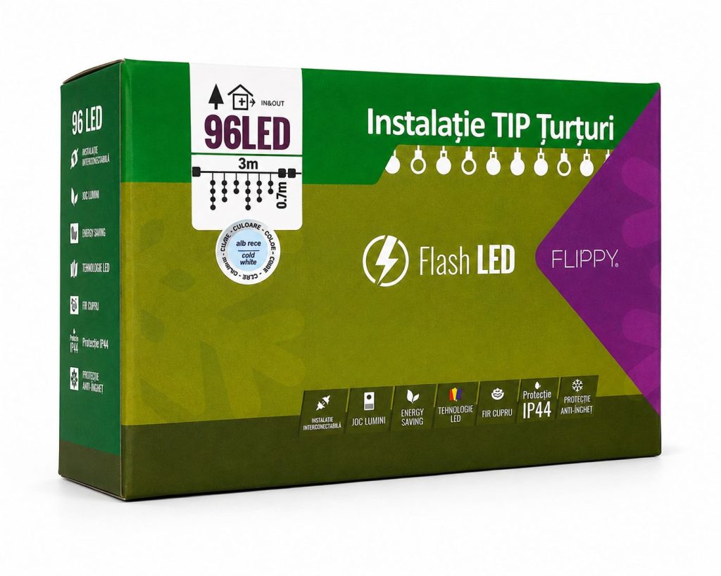 Instalatie de Craciun Flippy® Tip Turturi, Franjuri cu Flash, Sectiune 3 m, 96 LED-uri, Interconectabila, Fir Alb, Alb Rece