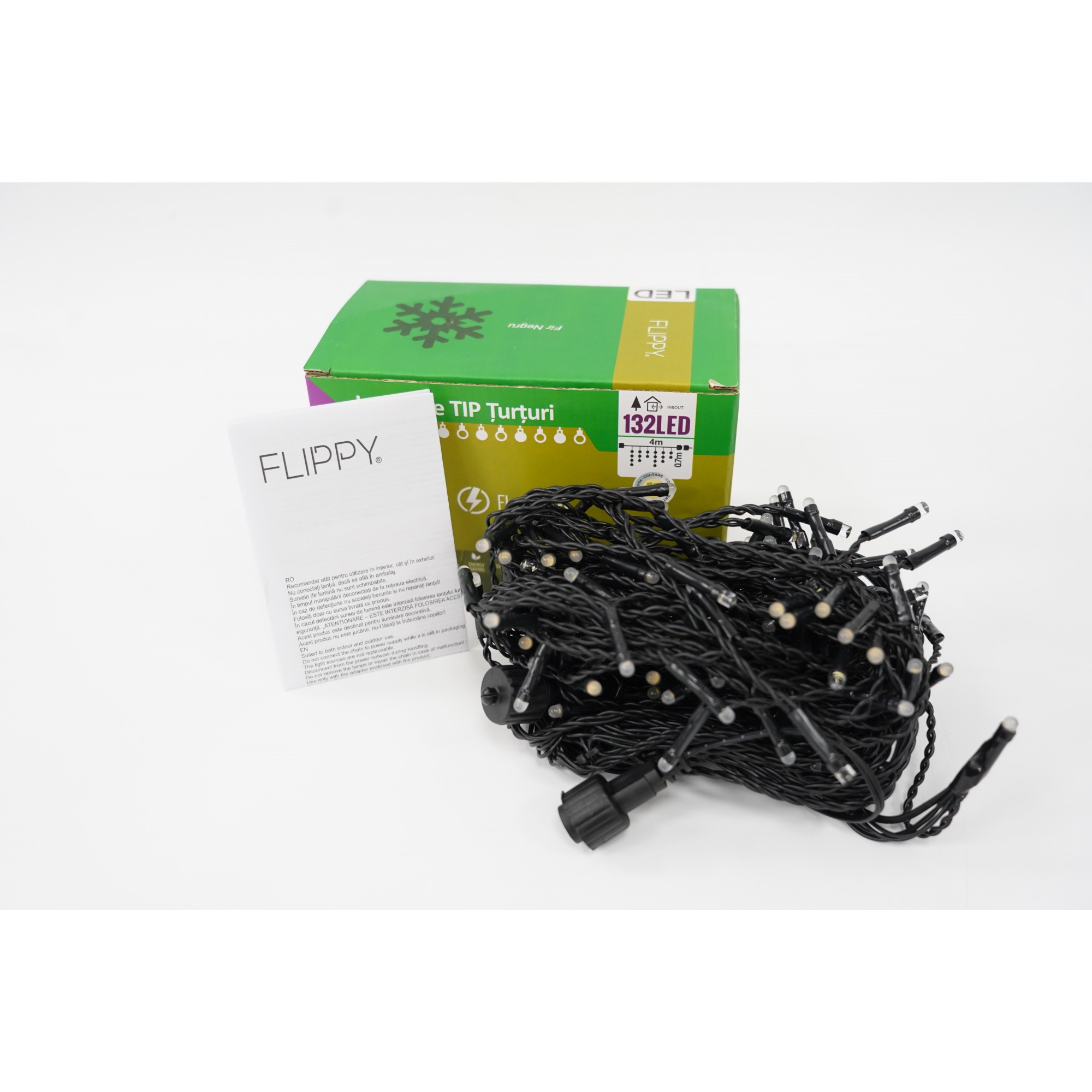 Instalatie de Craciun Flippy® Tip Turturi, Franjuri cu Flash, Sectiune 4 m, 132 LED-uri, Interconectabila, Fir Negru, Alb Cald - Image 2