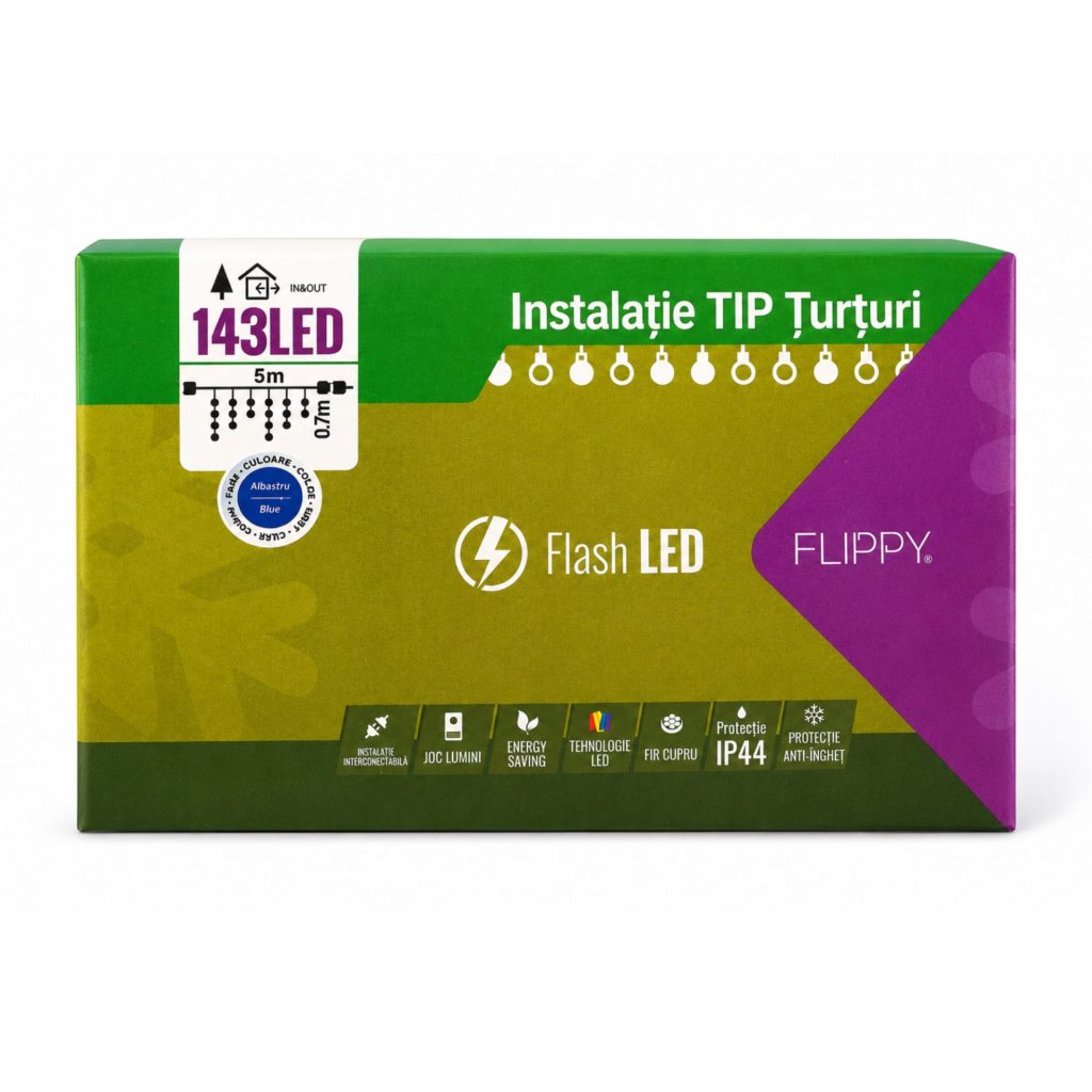 Instalatie de Craciun Flippy® Tip Turturi, Franjuri cu Flash, Sectiune 5 m, 143 LED-uri, Interconectabila, Fir Alb, Albastru