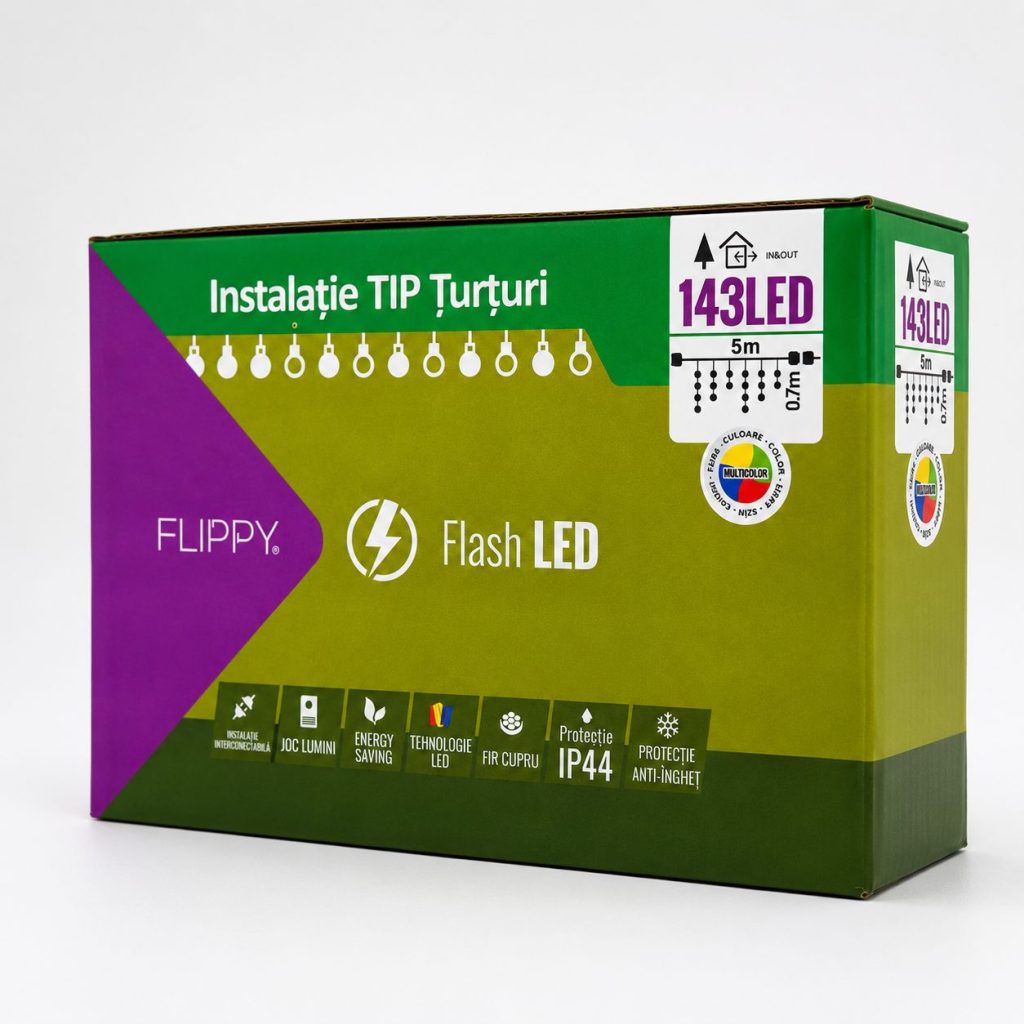 Instalatie de Craciun Flippy® Tip Turturi, Franjuri cu Flash, Sectiune 5 m, 143 LED-uri, Interconectabila, Fir Alb, Multicolor