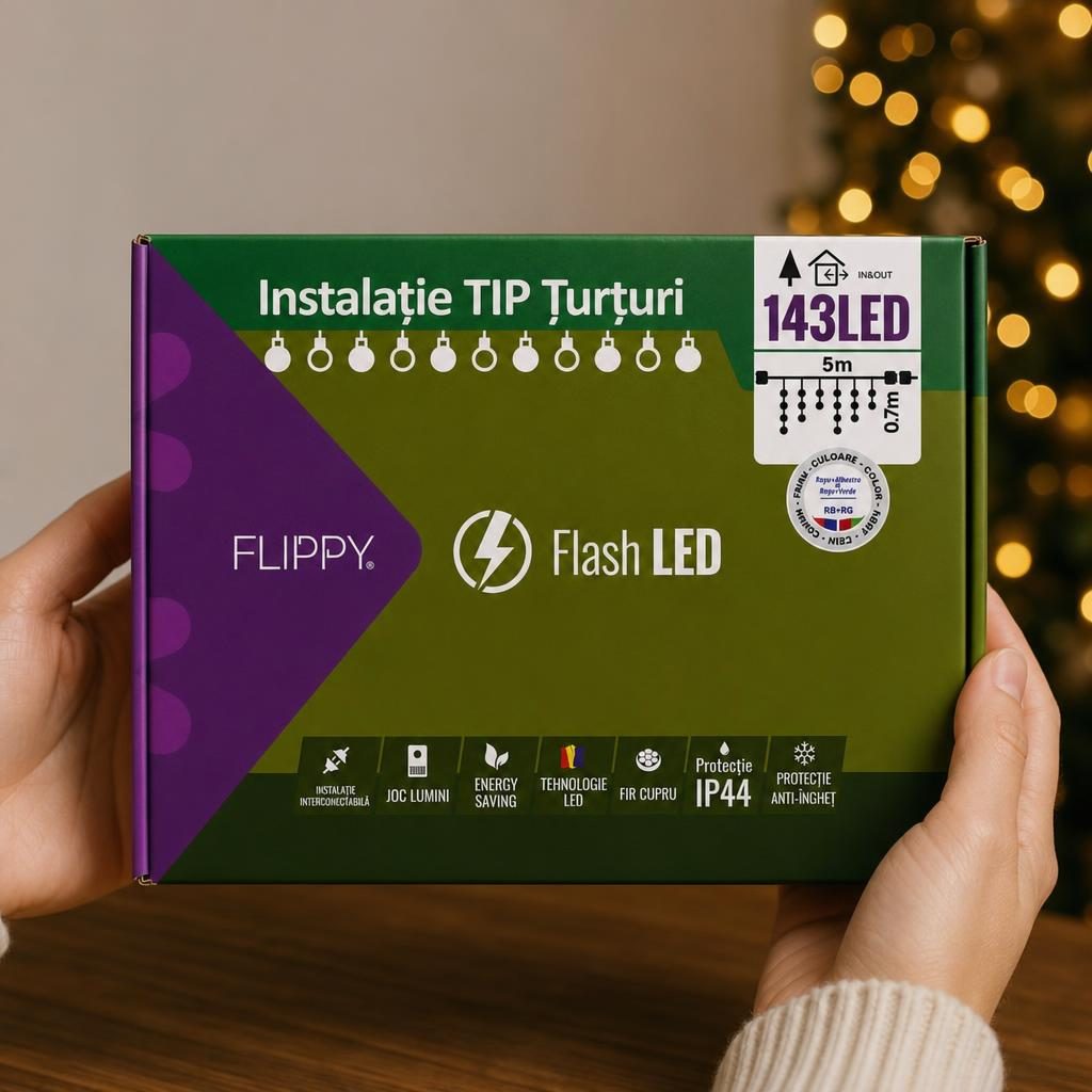 Instalatie de Craciun Flippy® Tip Turturi, Franjuri cu Flash, Sectiune 5 m, 143 LED-uri, Interconectabila, Fir Negru, RB-RG