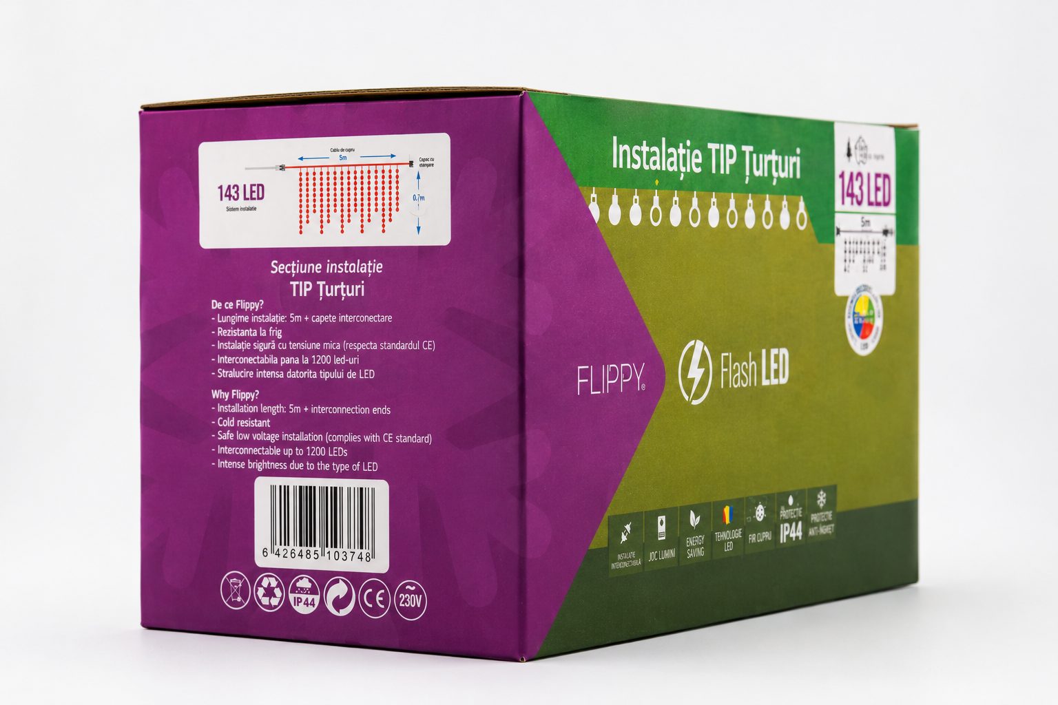 Instalatie de Craciun Flippy® Tip Turturi, Franjuri cu Flash, Sectiune 5 m, 143 LED-uri, Interconectabila, Fir Transparent, Multicolor