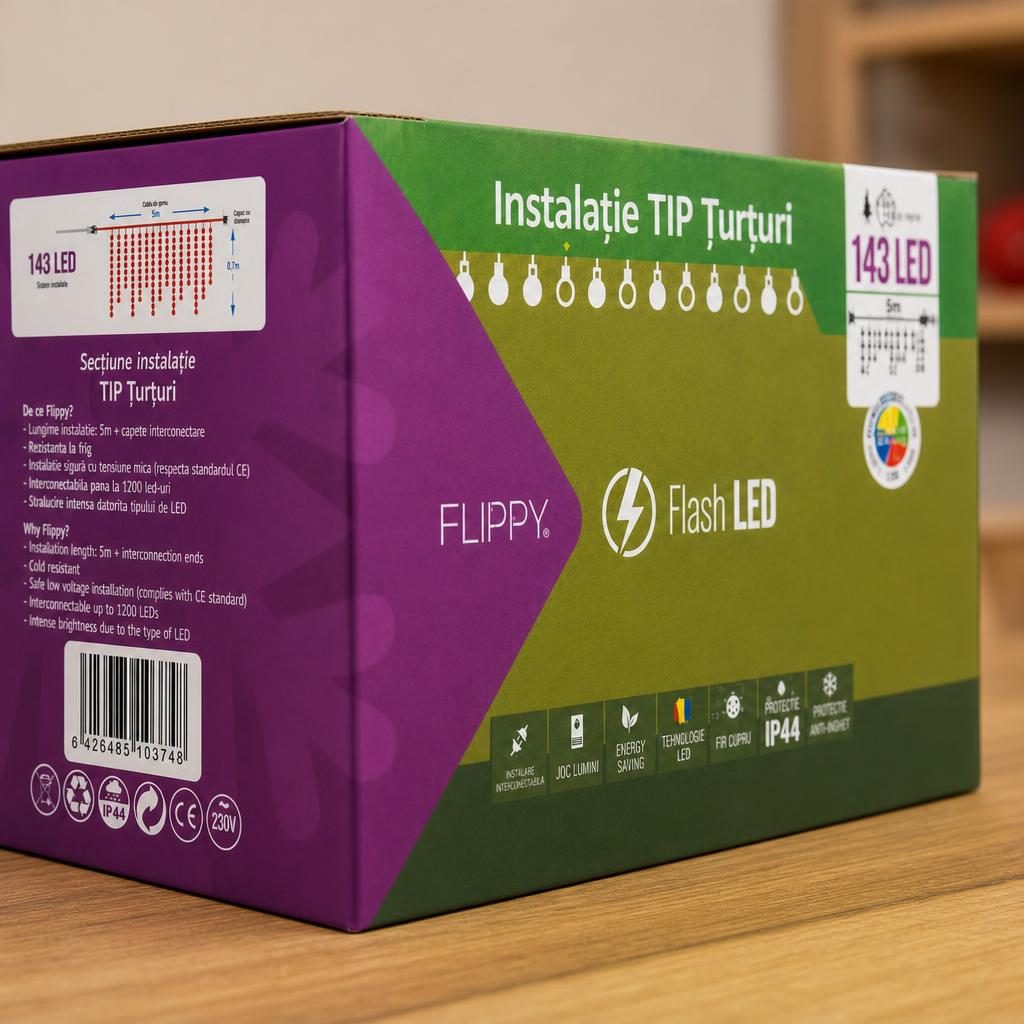 Instalatie de Craciun Flippy® Tip Turturi, Franjuri cu Flash, Sectiune 5 m, 143 LED-uri, Interconectabila, Fir Transparent, Multicolor - Image 3
