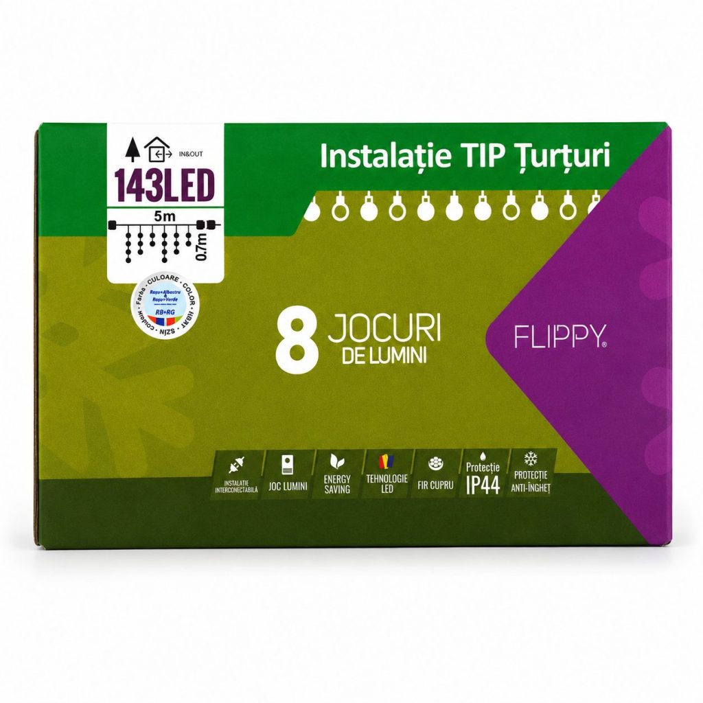 Instalatie de Craciun Flippy® Tip Turturi, Joc tip Flash, Sectiune 5 m, 143 LED-uri, Interconectabila, Fir Negru, RB-RG