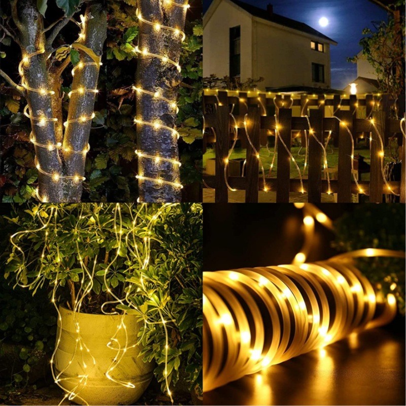 Instalatie luminoasa de Craciun cu LED, 100 LED-uri tip Tub, 12 metri lungime, 8 programe, 2 metri prelungitor, incarcare solara, alb cald, Flippy