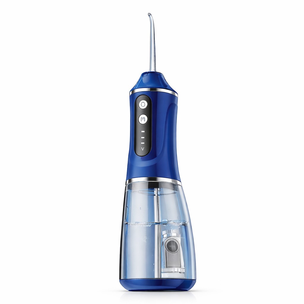 Irigator Bucal Electric, Flippy,  Portabil, Dus Bucal pentru Curatare, Indepartare Tartru, 4 Capete, 25 x 8 x 8 cm, Albastru