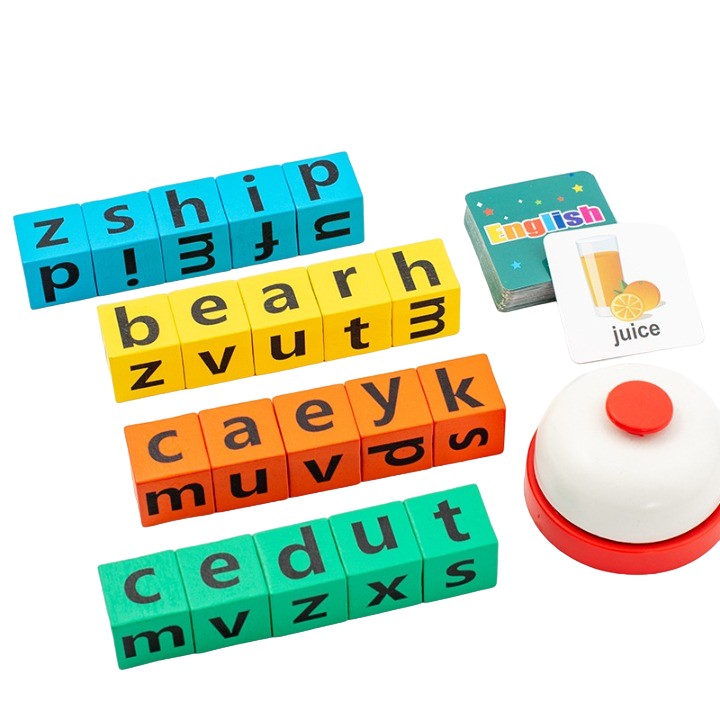 Joc cu Blocuri din Lemn, Flippy, Formare Cuvinte, Cartonase cu Obiecte si Animale, Clopotel, Joc pentru 4 Persoane, 3 Ani+, 28x15.5x5 cm, Multicolor