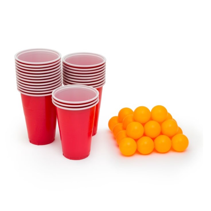 Joc de baut Beer Pong Flippy, 12 Pahare, 12 Mingi, material plastic, reutilizabil, portabil, rosu