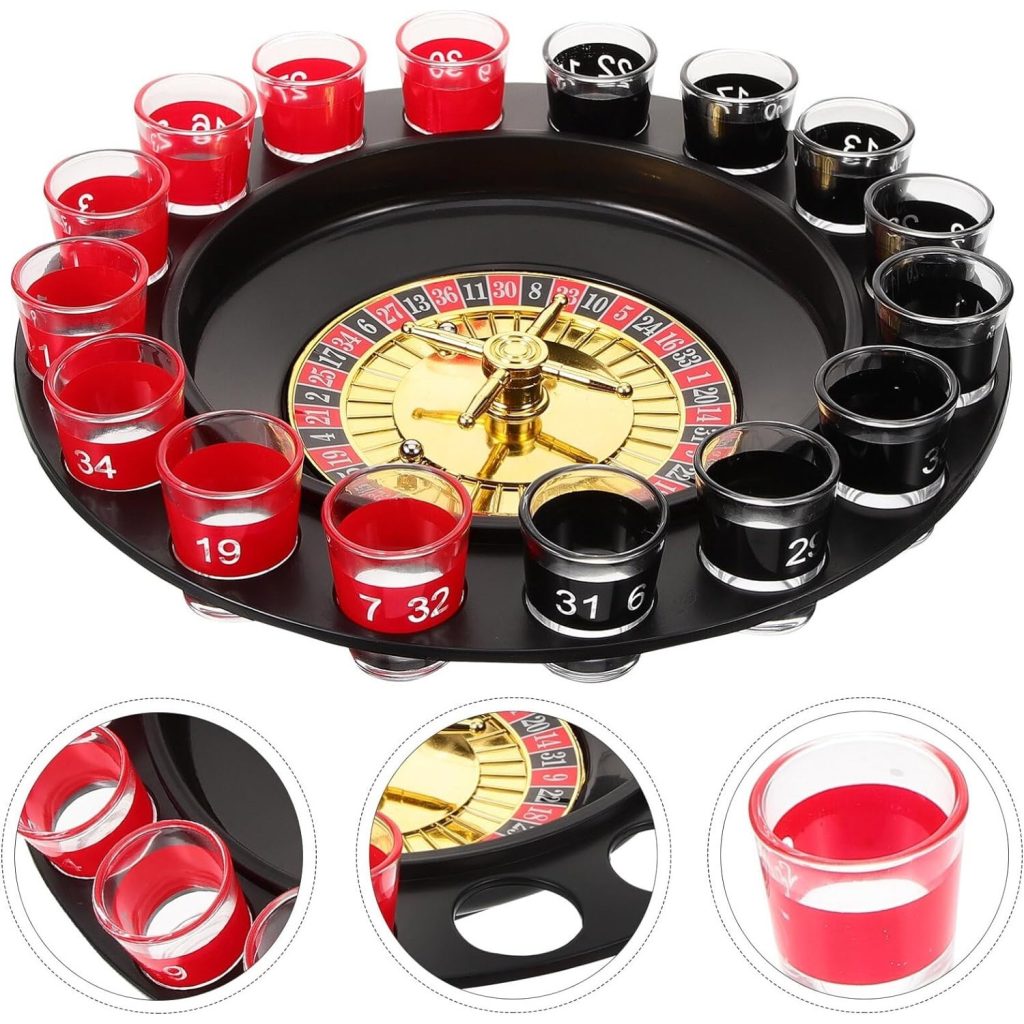 Joc de Ruleta Flippy, cu Pahare de Shot si Plansa de Joc Blackjack, 31 cm, Rosu-Negru