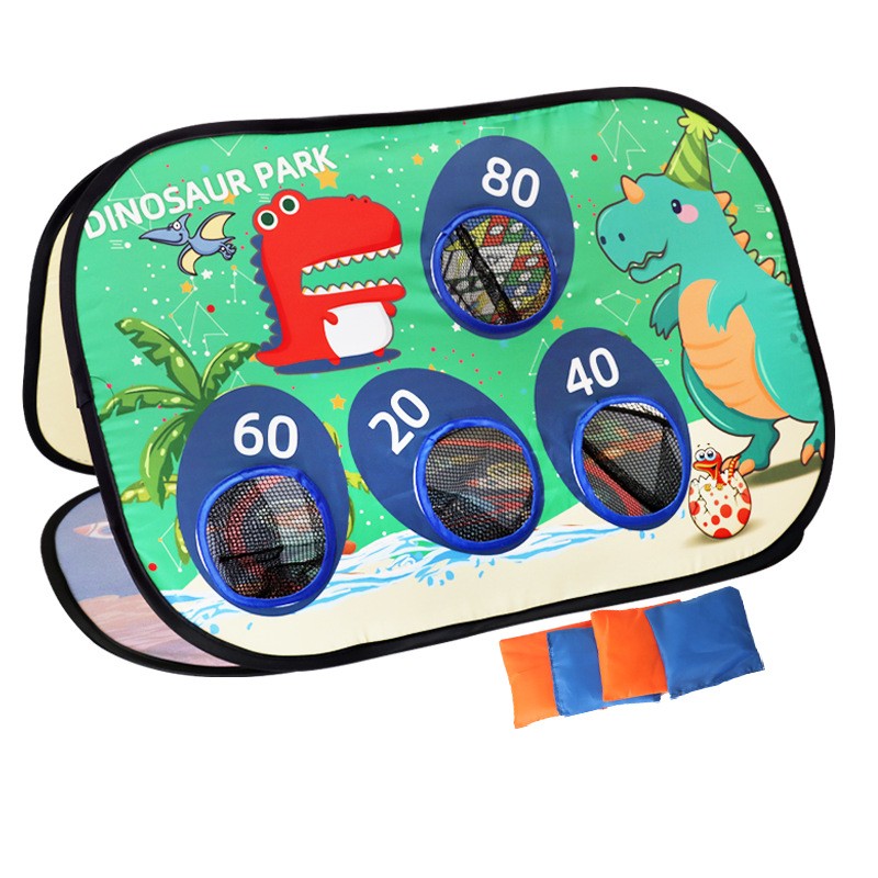 Joc pentru Copii, Flippy, Aruncarea Sacilor cu Nisip, Sageti, 8 Mingi, 4 Saci, Geanta Portabila, Interactiv, Model Dinozauri, 77.5x44.5x42 cm, Multicolor