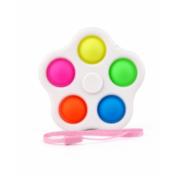 Jucarie Senzoriala Antistres Tip Spinner, Flippy, Model Simple Dimple, cu 5 Bule Pop It, cu Snur de Prindere, pentru Relaxare si Stimulare Senzoriala, Multicolor