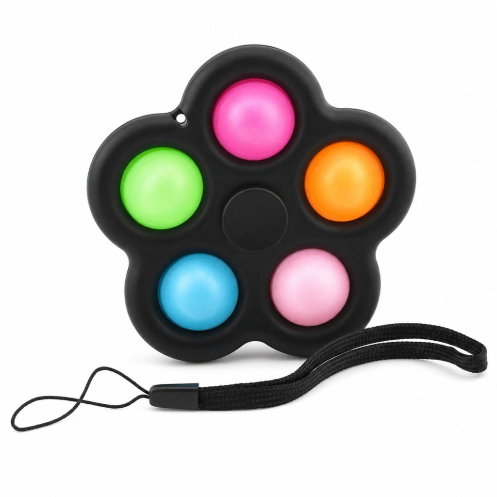 Jucarie Senzoriala Antistres Tip Spinner, Flippy, Model Simple Dimple, cu 5 Bule Pop It, cu Snur de Prindere, pentru Relaxare si Stimulare Senzoriala, Multicolor