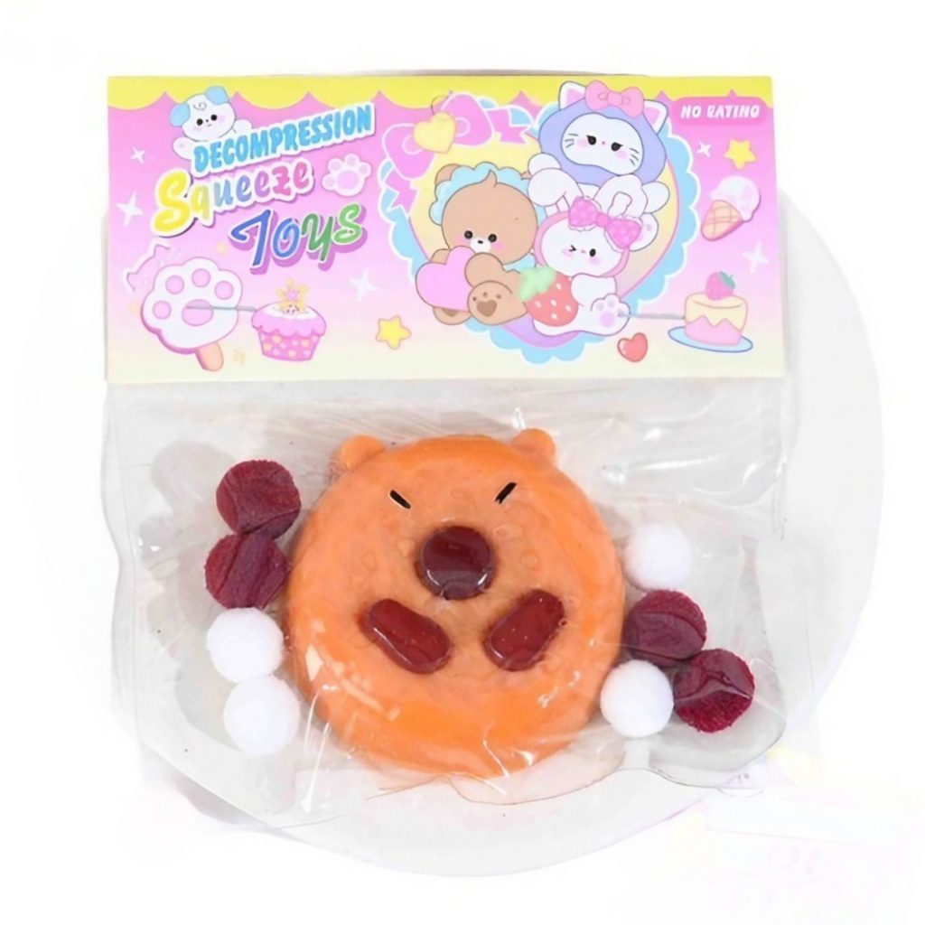 Jucarie Antistres Squishy, Flippy, cu Revenire Lenta, Squeeze Pinch Family, Forma de Biscuite Rotund, Model Capybara, 7x6.5 cm, 55g, Ambalaj Transparent, Maro
