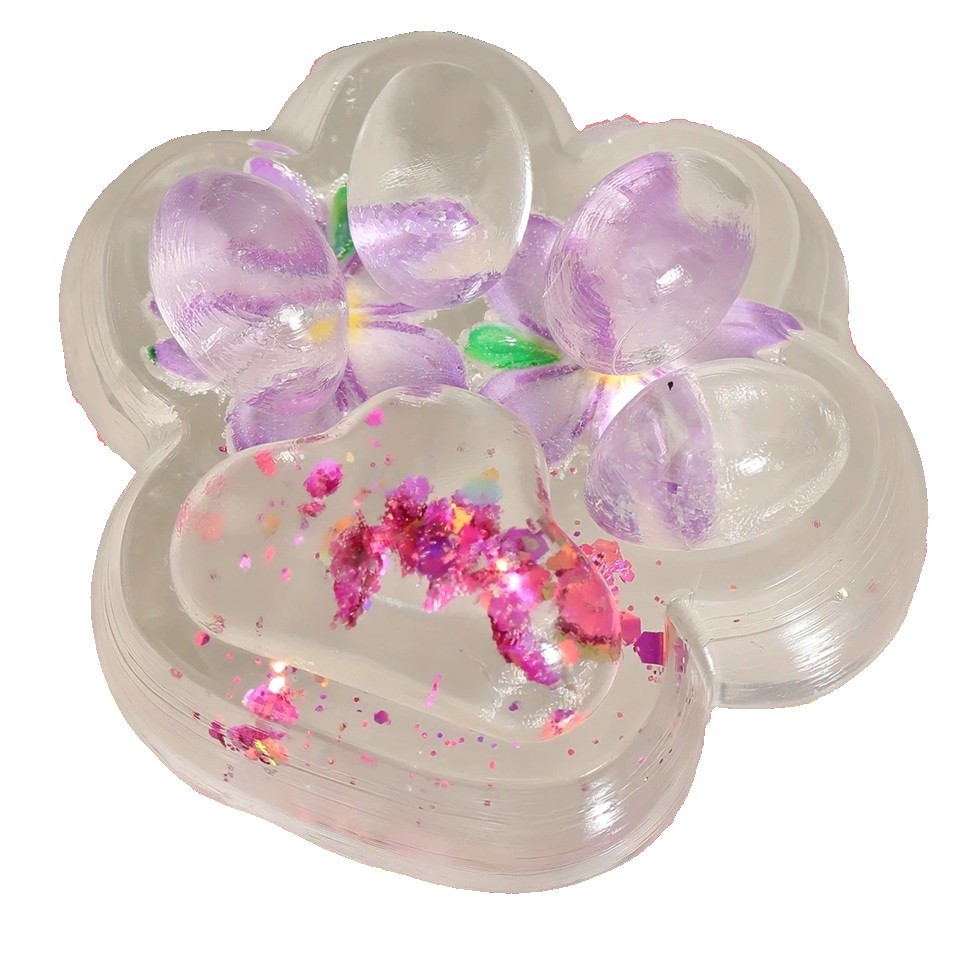 Jucarie Antistres Squishy, Flippy, Labuta de Pisica Pufoasa, cu Revenire Lenta, 7 x 6.5 cm, Model Flori 2, Transparent