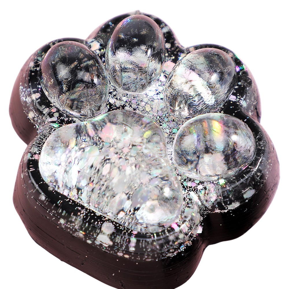 Jucarie Antistres Squishy, Flippy, cu Revenire Lenta, Squeeze Pinch Family, Model Labuta de Pisica cu Sclipici, 6.5x6 cm, 60g, Ambalaj Transparent, Alb-Negru
