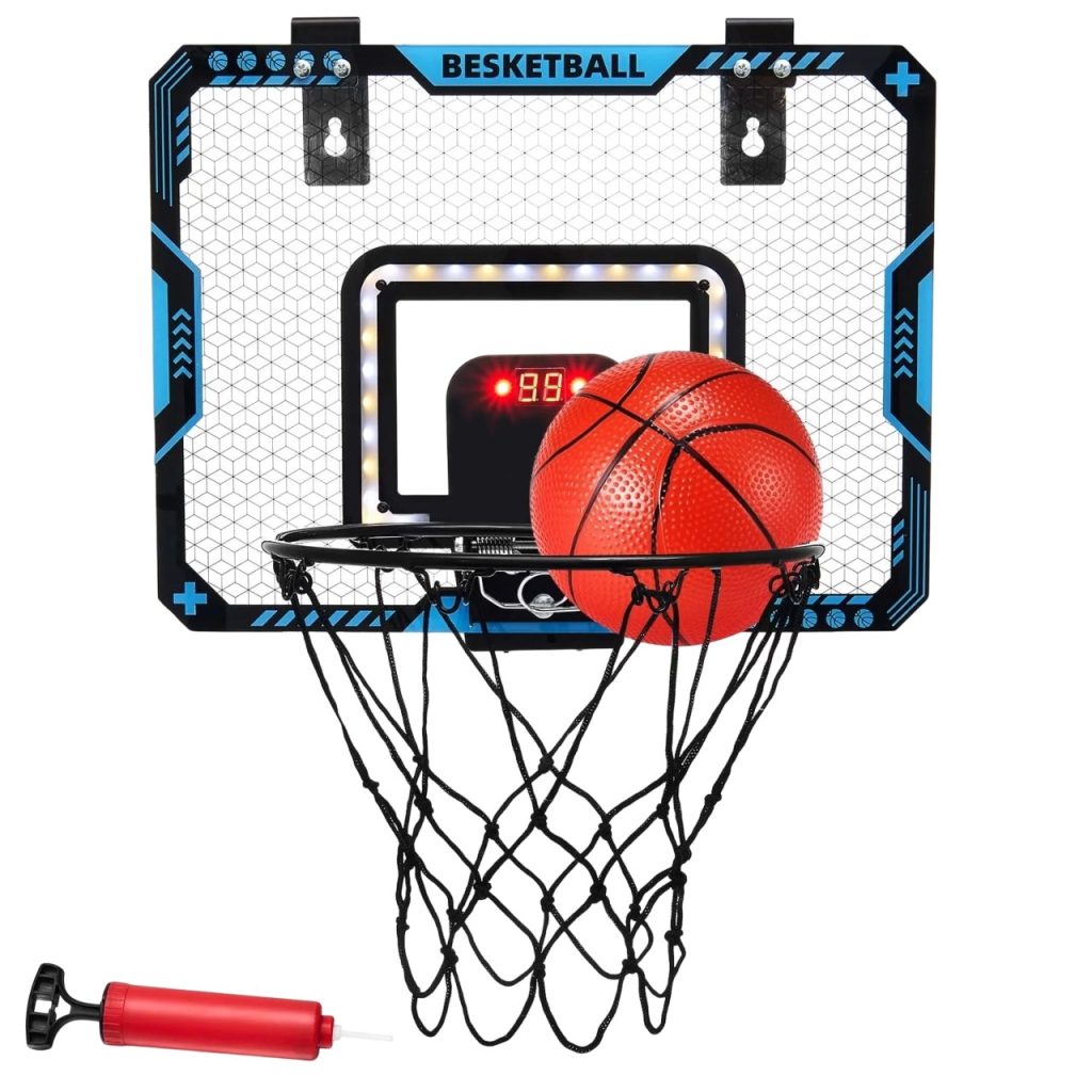 Cos de Baschet pentru Copii, Flippy, cu Tablou de Bord Electronic, Minge, Pompa, 2 Moduri, Interior/Exterior, Inel Metalic si Rabatabil cu Arc, Luminos, 41x31x5 cm, Multicolor