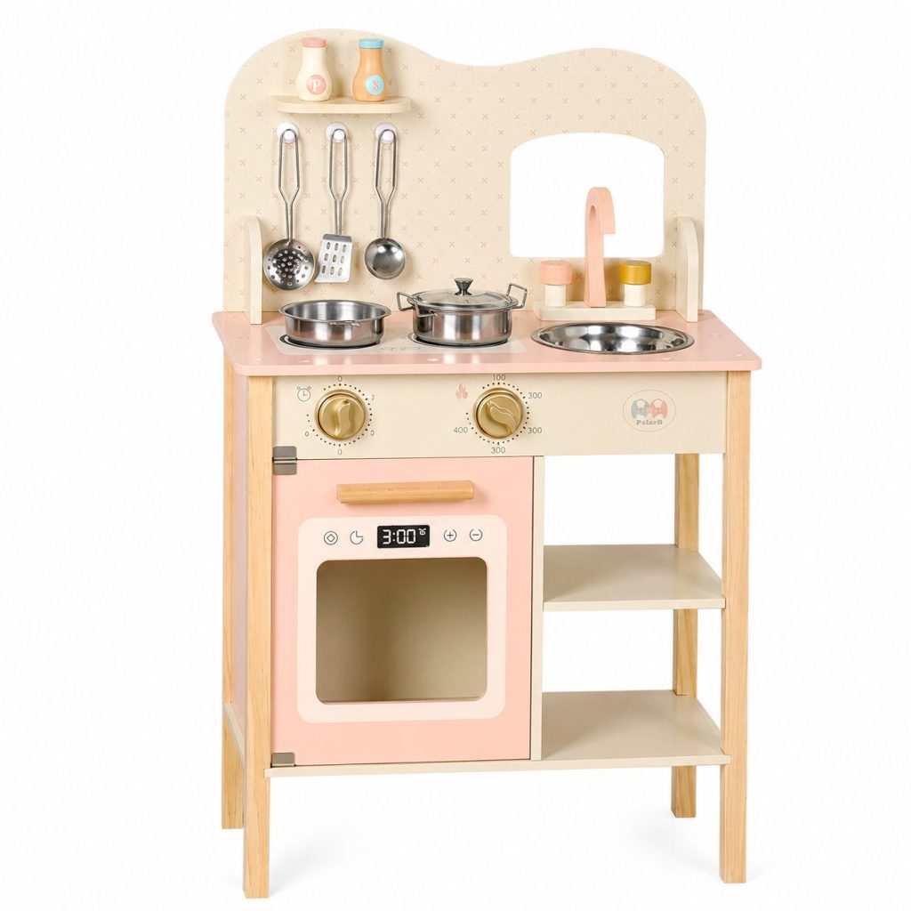 Jucarie Bucatarie din Lemn, Flippy, Set pentru Copii cu Aragaz, Cuptor, Chiuveta, Rafturi si Accesorii de Gatit, Roz