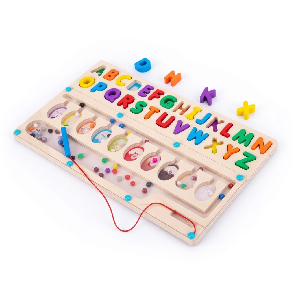 Jucarie educativa din lemn, Abecedar colorat pentru copii, Puzzle alfabet cu litere mari, Invatare litere, Dezvoltare vocabular, Joc Montessori din lemn, 3+ ani