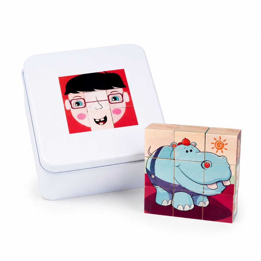 Jucarie Educativa din Lemn, Flippy, Cuburi Puzzle cu Imagini in Cutie Metalica, Joc de Calatorie pentru Dezvoltarea Gandirii Logice, Atentiei si Indemanarii, Multicolor