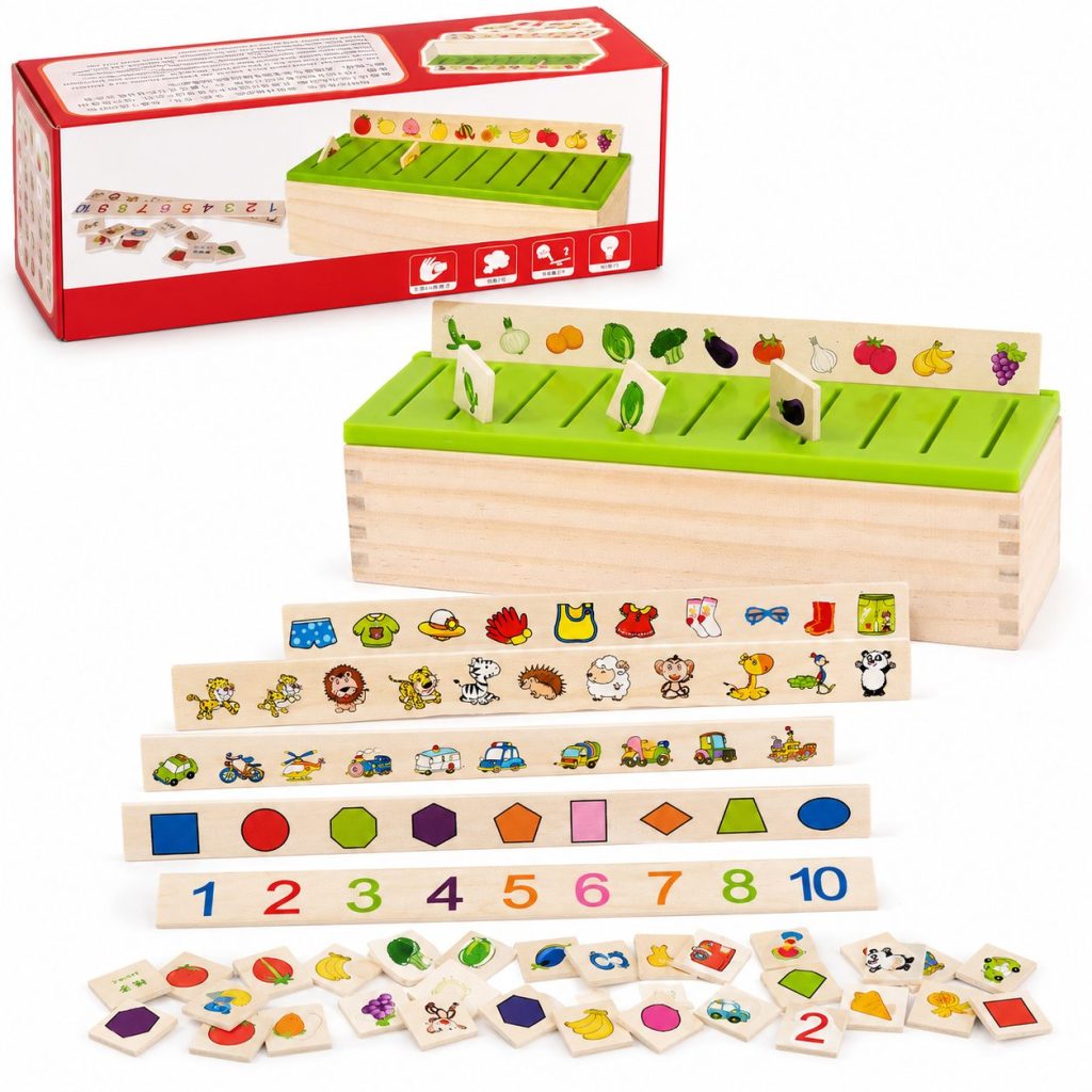 Jucarie Educativa din Lemn, Flippy, Cutie de Sortare si Clasificare, Carduri cu Imagini, Cifre si Forme, Dezvolta Logica si Asocierea, Multicolor