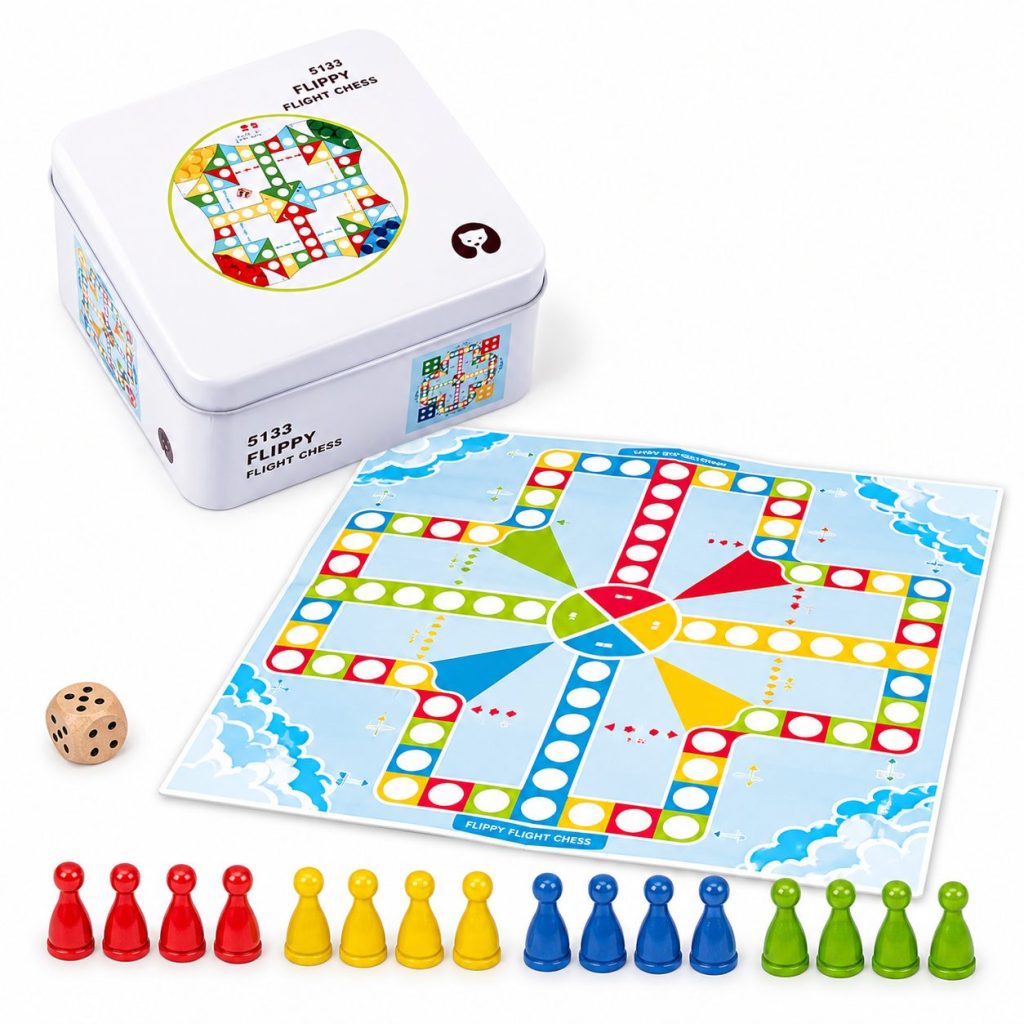 Joc de Societate Board Game de Calatorie, Flippy, Flying Chess, 2-4 Jucatori, 16 Pioni, Zar si Tabla de Joc, Cutie Metalica, Multicolor