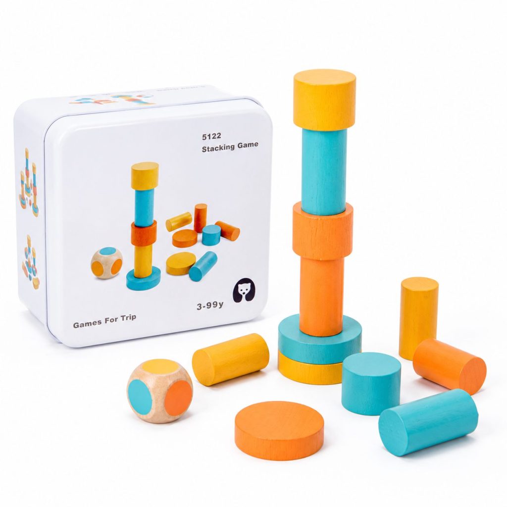 Jucarie Educativa din Lemn, Flippy, Joc de Echilibru, Piese Colorate cu Zar, Cutie Metalica pentru Depozitare, 15 cm, Multicolor