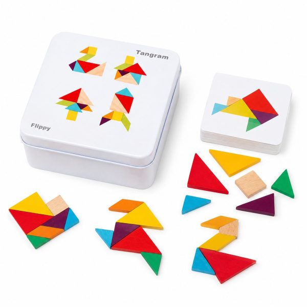Jucarie Educativa din Lemn, Flippy, Joc Tangram de Calatorie cu Cutie Metalica, Puzzle Geometric pentru Dezvoltarea Gandirii Logice si Creativitatii, Multicolor