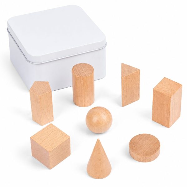 Jucarie Educativa din Lemn, Flippy, Set Montessori cu 7 Forme Geometrice 3D, Cutie Metalica, 8 Piese, 0.19 kg, Natur