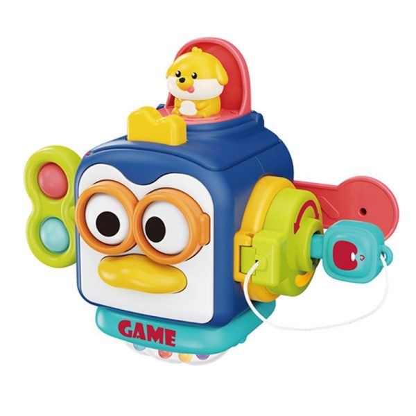 Jucarie interactiva Montessori, Flippy, Jucarie pentru Bebelusi, Model Pinguin Ocupat, din Plastic rezistent, Varsta 18+ luni, 13 x 11 x 11 cm, Albastru/Multicolor