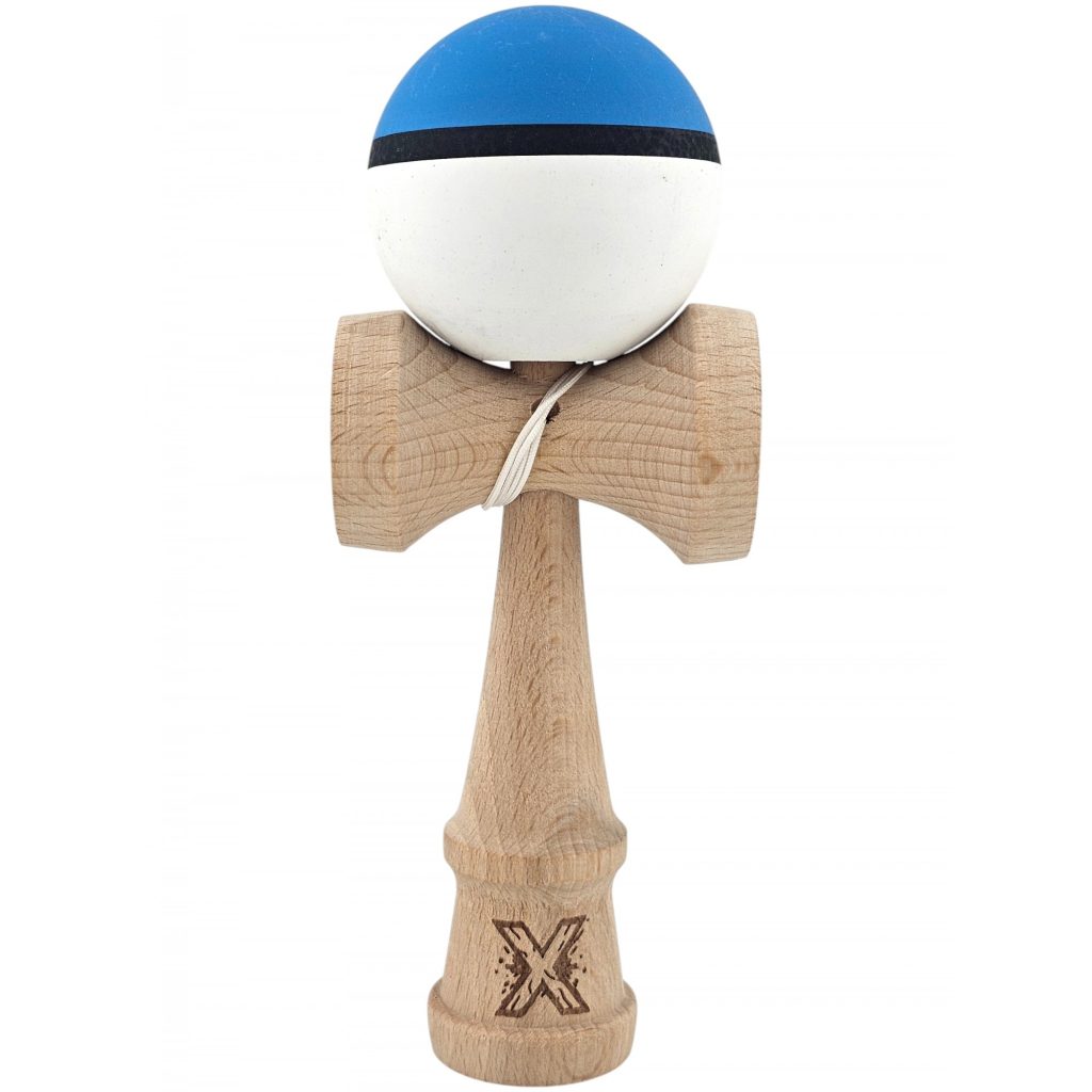 Kendama X Originala, Profesionala, Flippy, din Lemn, 18 cm, Rubber Grip, Albastru/Alb