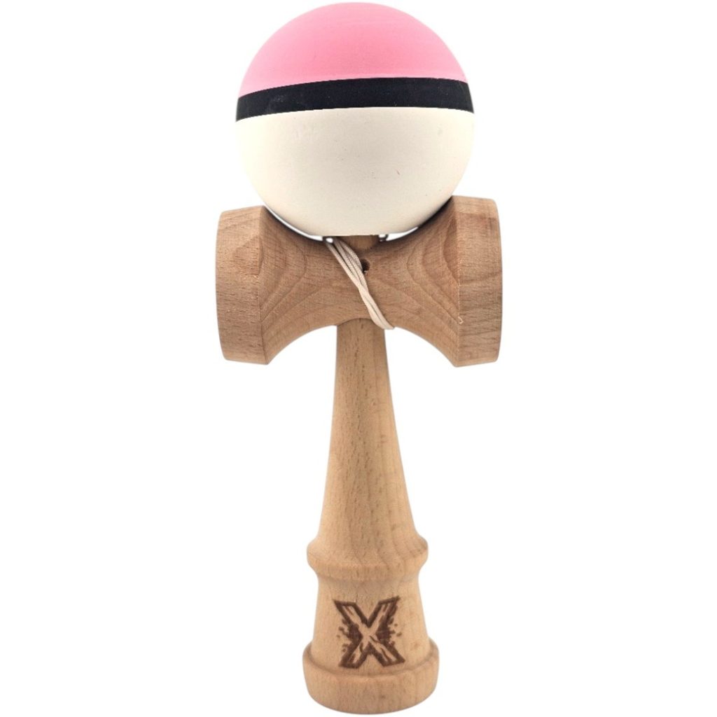 Kendama X Originala, Profesionala, Flippy, din Lemn, 18 cm, Rubber Grip, Roz/Negru/Alb