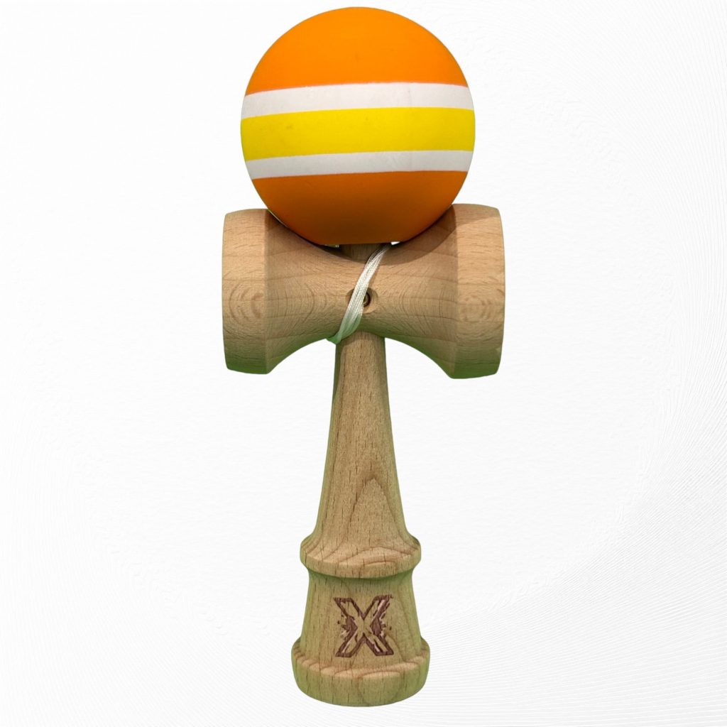 Kendama X Originala, Profesionala, Flippy, din Lemn cu Bila cu Invelis din Cauciuc, 18 x 6 x 7 cm, Rubber Grip, Portocaliu/Galben/Alb