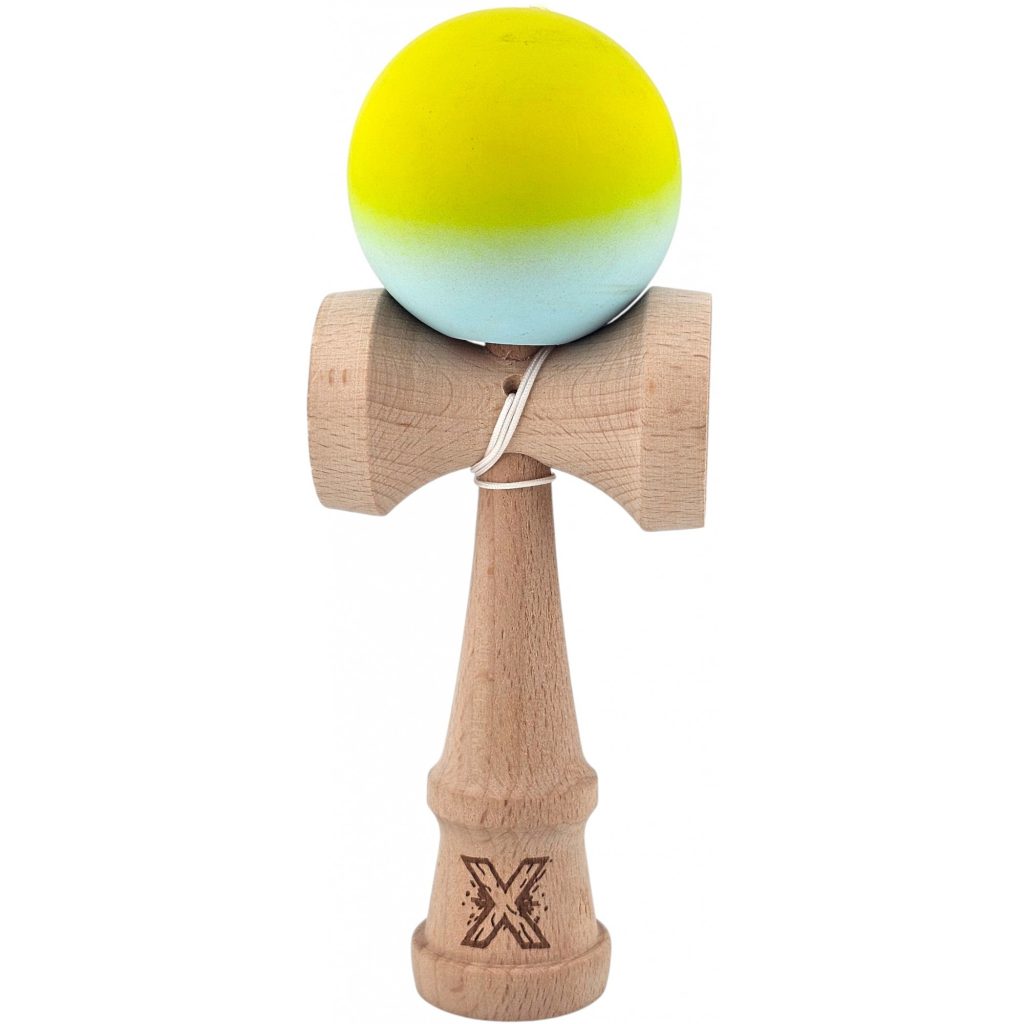 Kendama X Originala, Profesionala, Flippy, din Lemn, Rubber Grip, 18 cm, Galben Verde