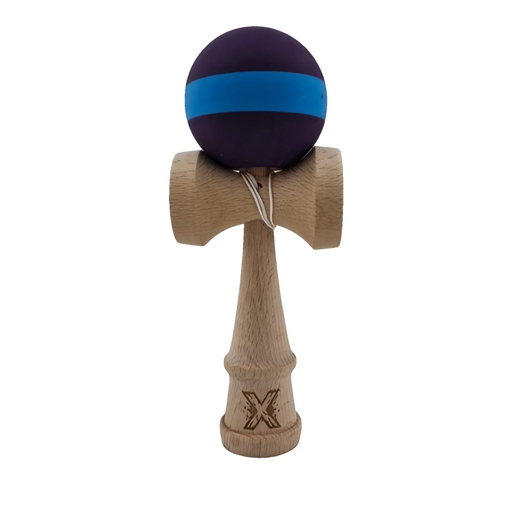 Jucarie Kendama X Originala, Profesionala, Flippy, din Lemn, Rubber Grip, 18 cm, Mov/Albastru