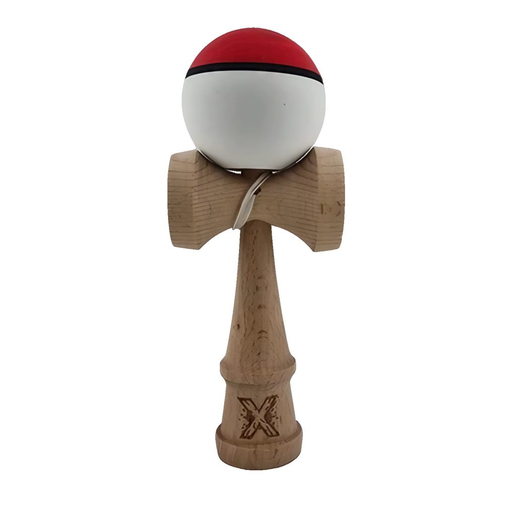 Kendama X Originala, Profesionala, Flippy, din Lemn, Rubber Grip, 18 cm, Rosu/Alb