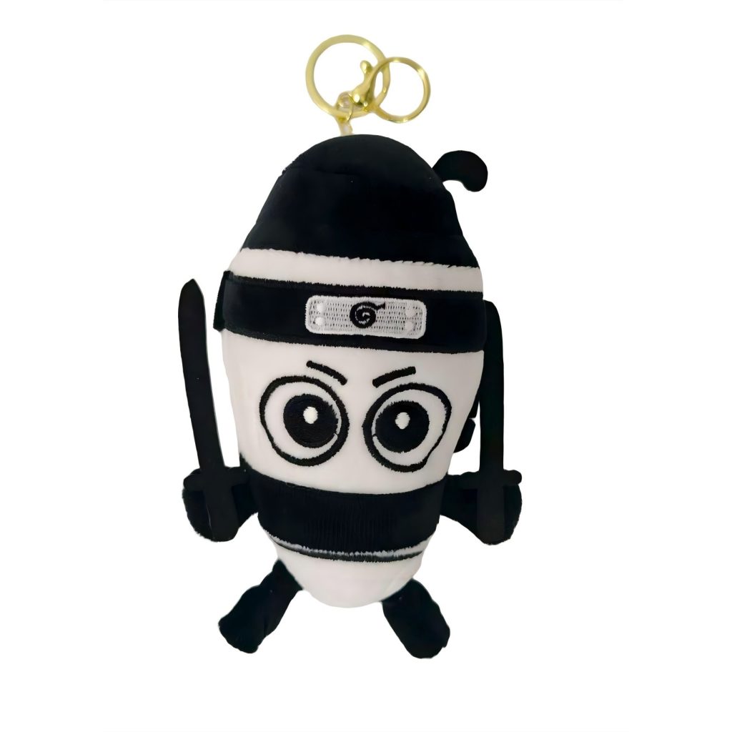 Jucarie Moale de Plus de Tip Breloc, Flippy, Model Italian Brainrot Ninja Spadellini Silenzioso, 16 x 10 cm, Negru Alb