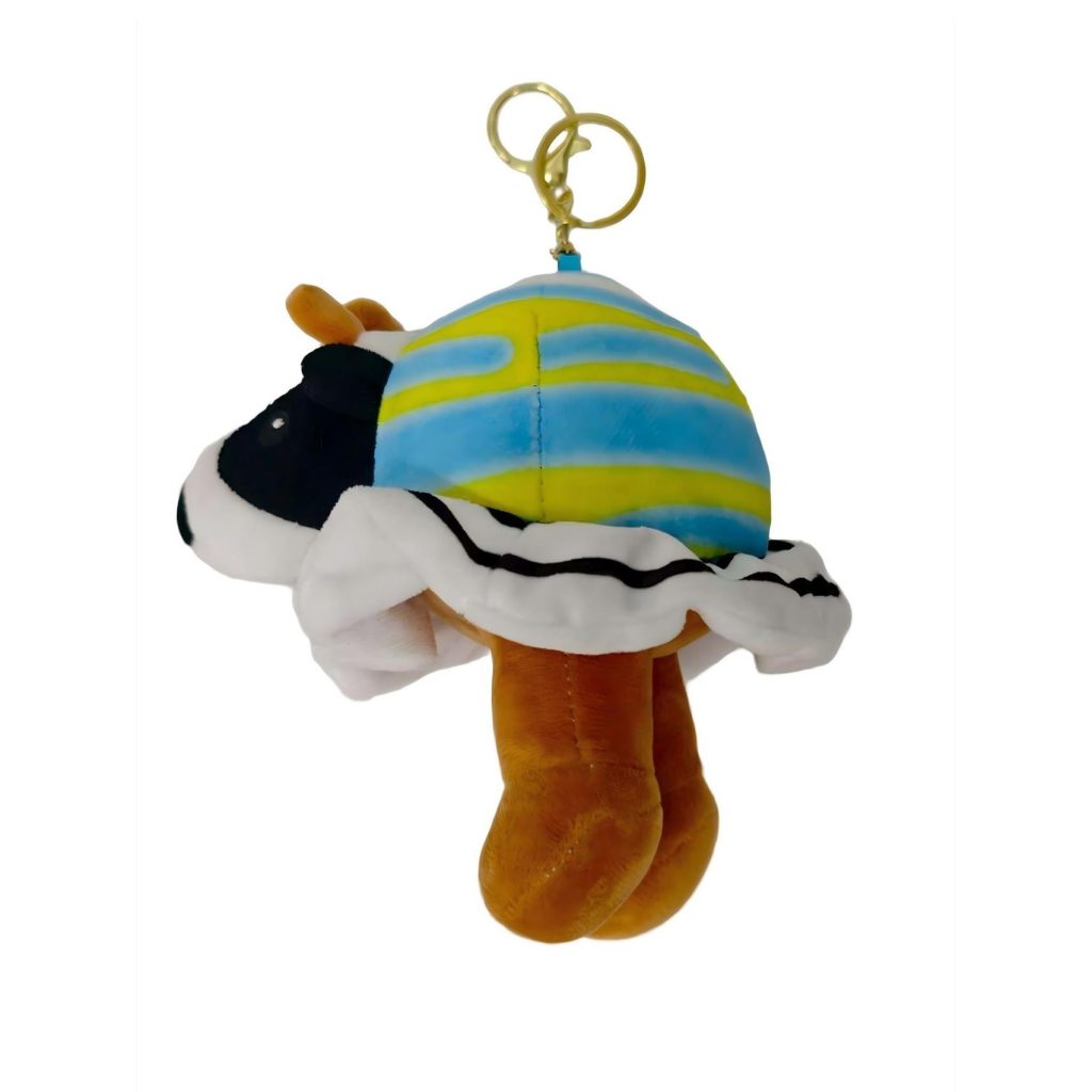 Jucarie Moale de Plus de Tip Breloc, Flippy, Model Italian Brainrot Vaca Saturno Saturnita, 16 x 15 cm, Albastru Galben